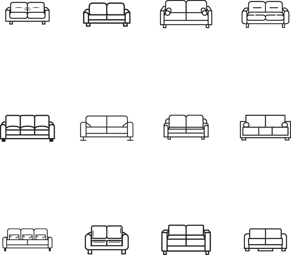 a set of sofa set icons, black and white outlines vector