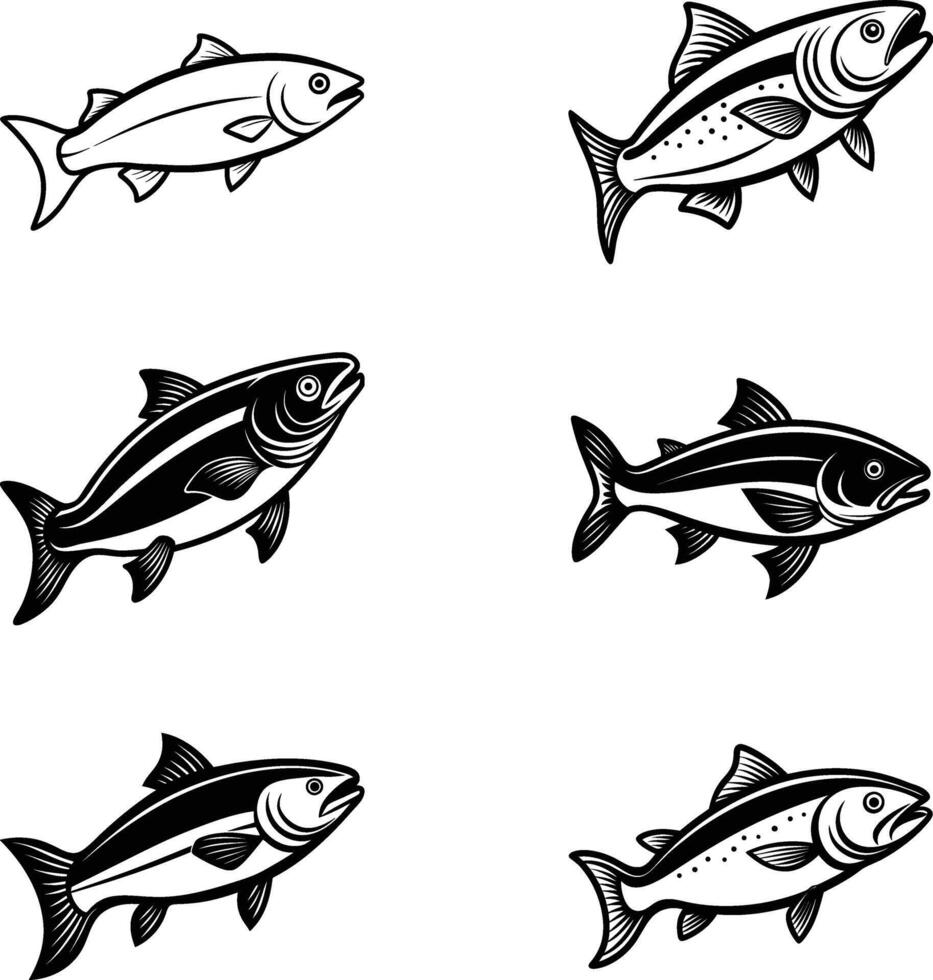 A set of black and white salmon fish drawing vector