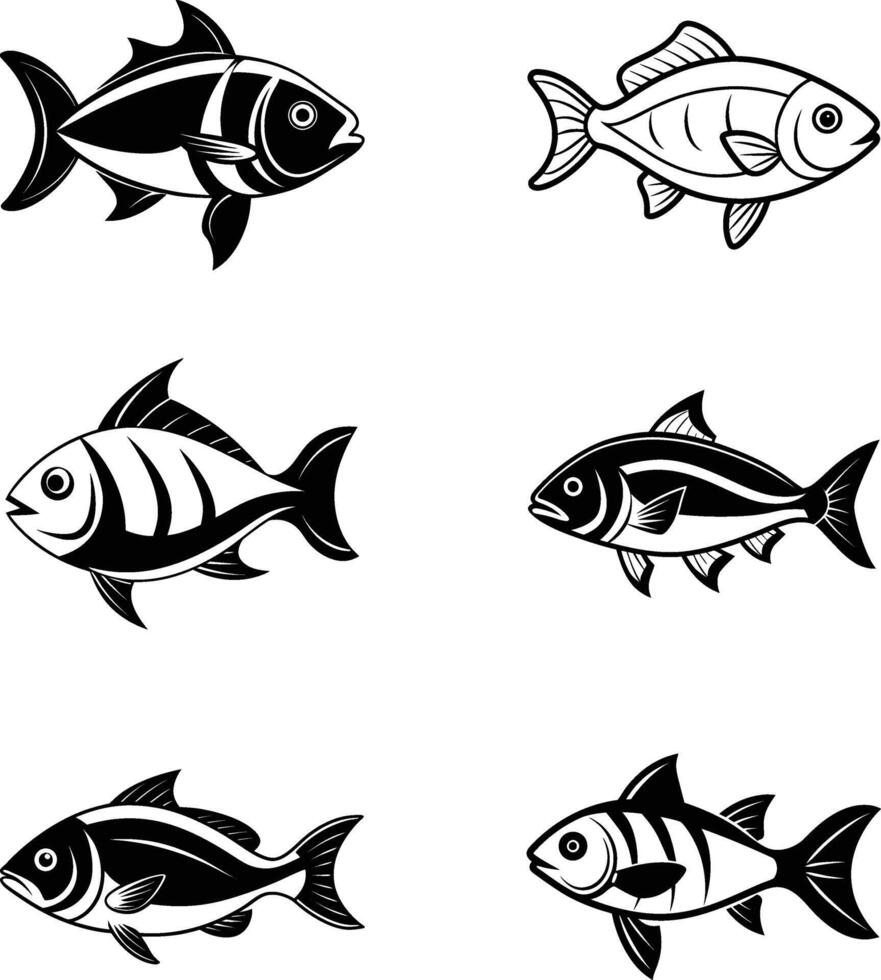 A set of black and white fish drawing outline vector