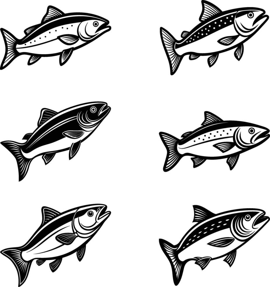 A set of black and white salmon fish drawing vector