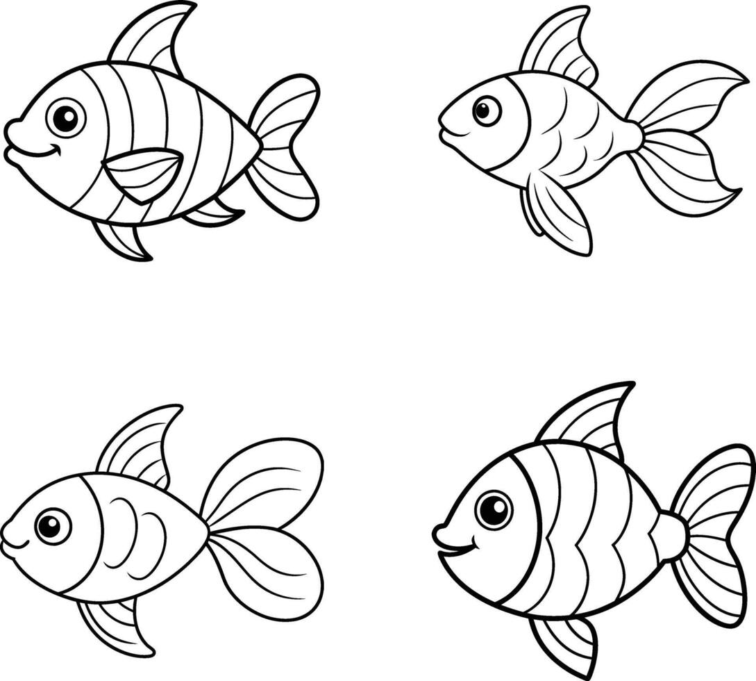 A set of black and white fish drawing outline vector