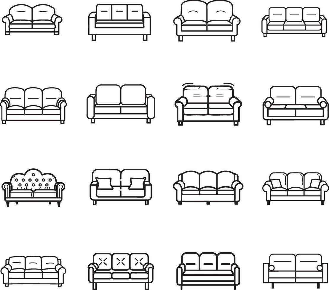 a set of sofa set icons, black and white outlines vector