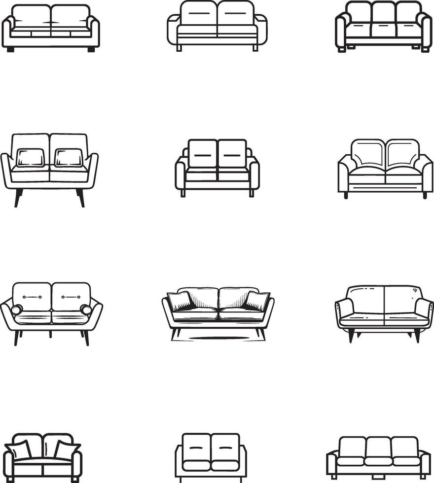 a set of sofa set icons, black and white outlines vector