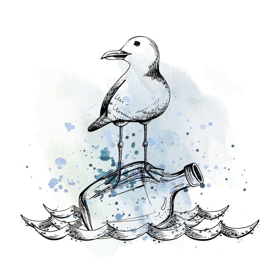 A sea gull on a bottle floats on the waves. Illustration hand-drawn in graphics. EPS . Isolated composition on a white background With watercolor spots blue vector
