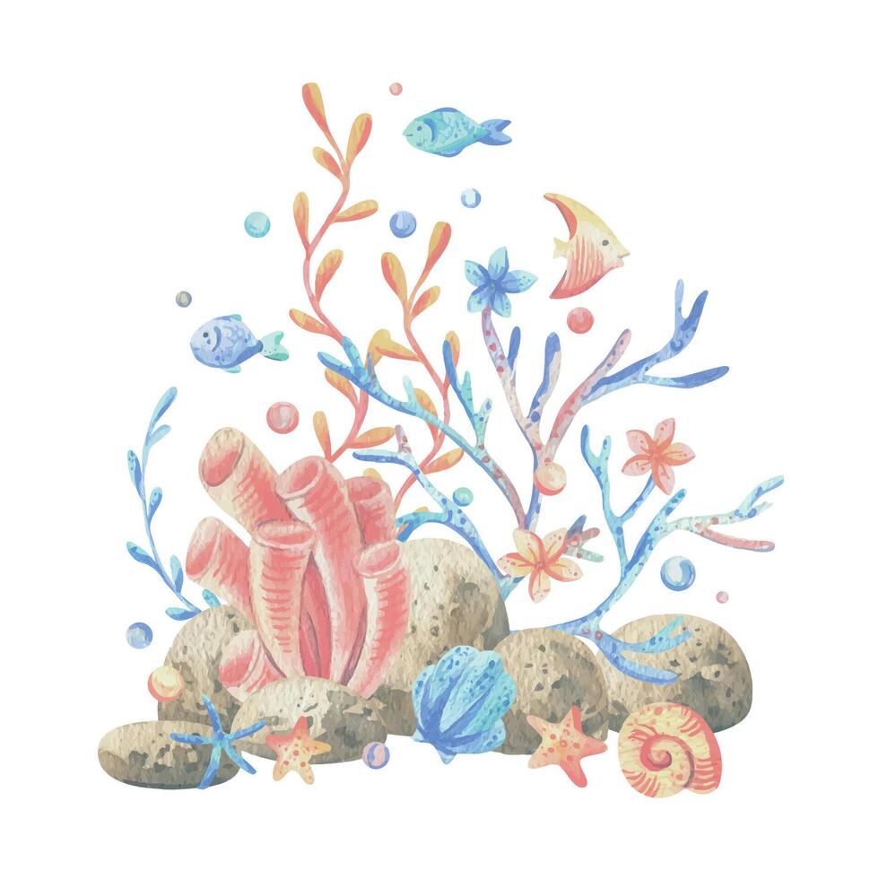 Sea corals, algae, shells, starfish, fish, bubbles. Watercolor illustration hand drawn in coral, turquoise and blue colors. Composition isolated from the background. vector