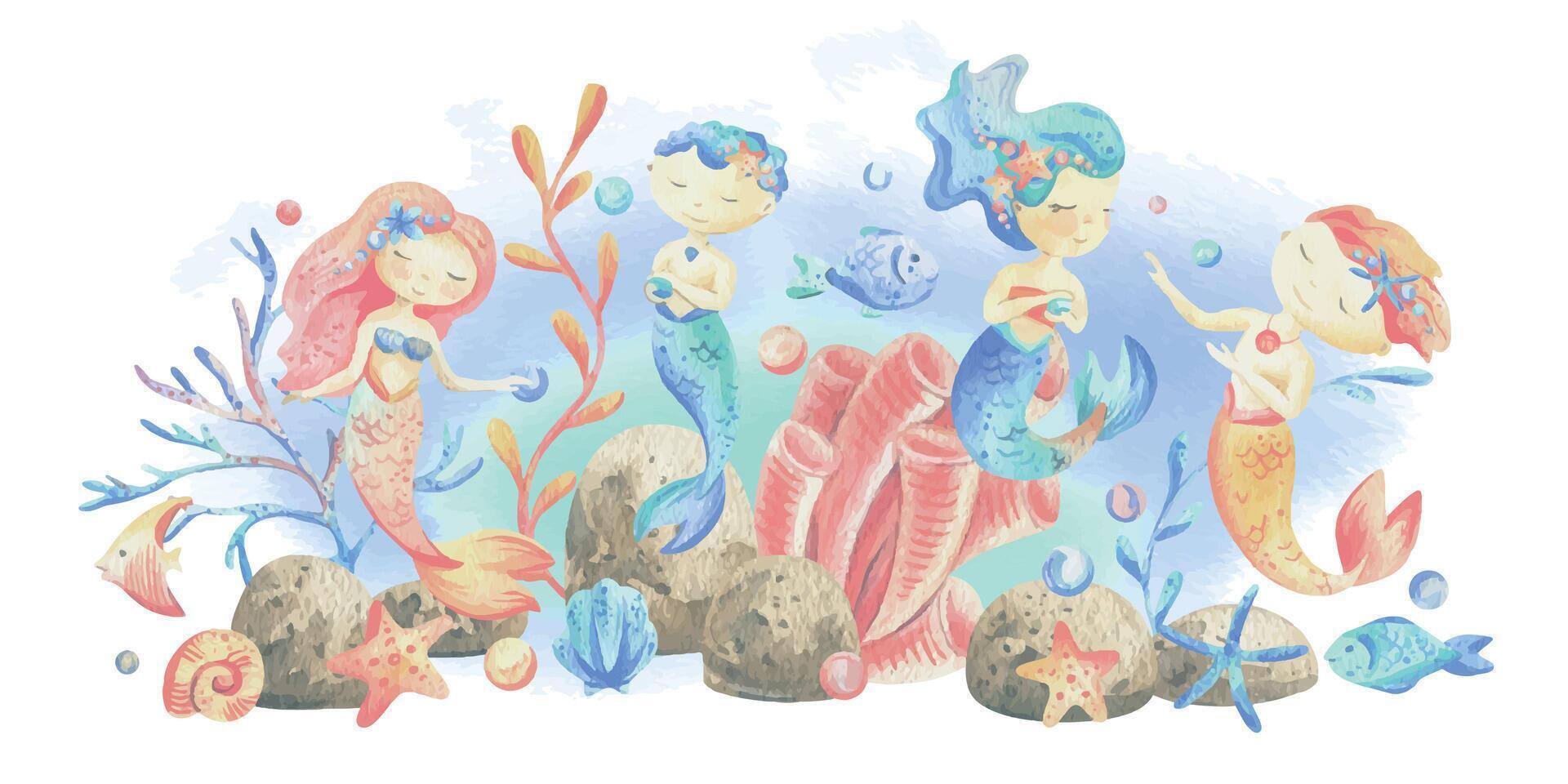 Mermaid little boy and girl with sea corals, algae, shells, starfish, fish, bubbles. Watercolor illustration hand drawn in coral, turquoise and blue colors. Composition isolated from the background vector