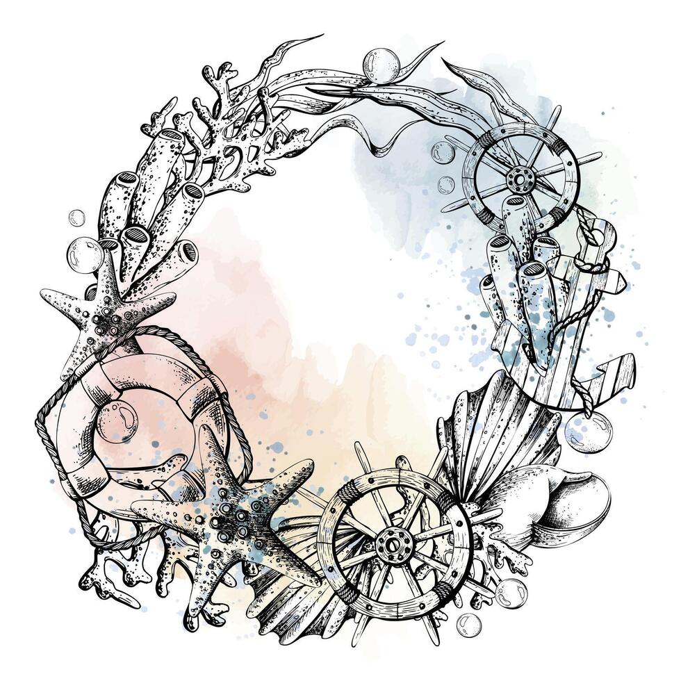 Seashells, starfish, seaweed, coral with anchor and steering wheel, lifebuoy and water bubbles. Illustration of graphic line art in black and white, hand drawn. Round wreath, frame, template for text. vector