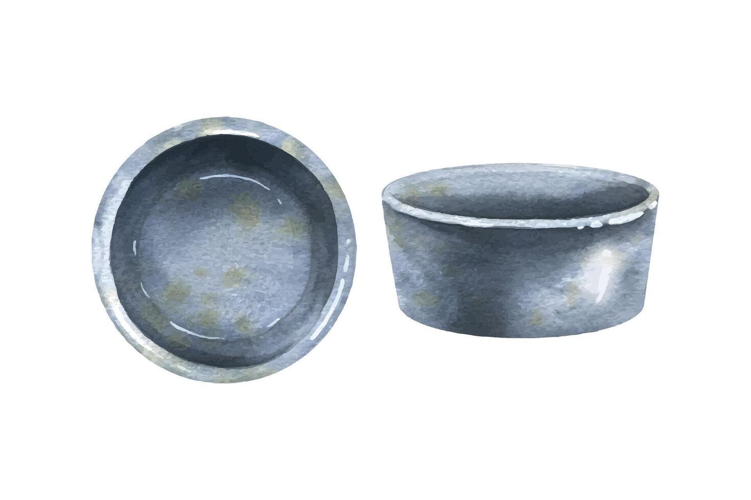 Ceramic gravy boat side and top view. Watercolor illustration. isolated objects from the SHRIMP collection. For the design and design of menus, recipes, kitchen prints. vector