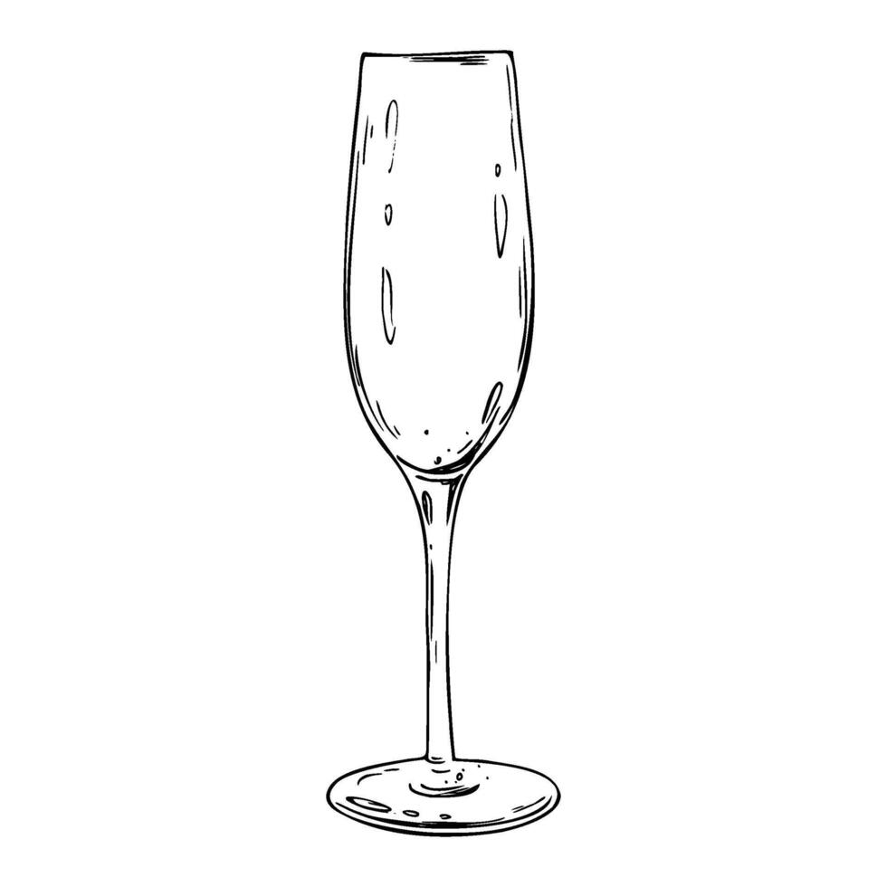 Empty elongated, elegant champagne glass. Line art is a simple hand-drawn illustration in black and white ink. Isolated EPS object. vector
