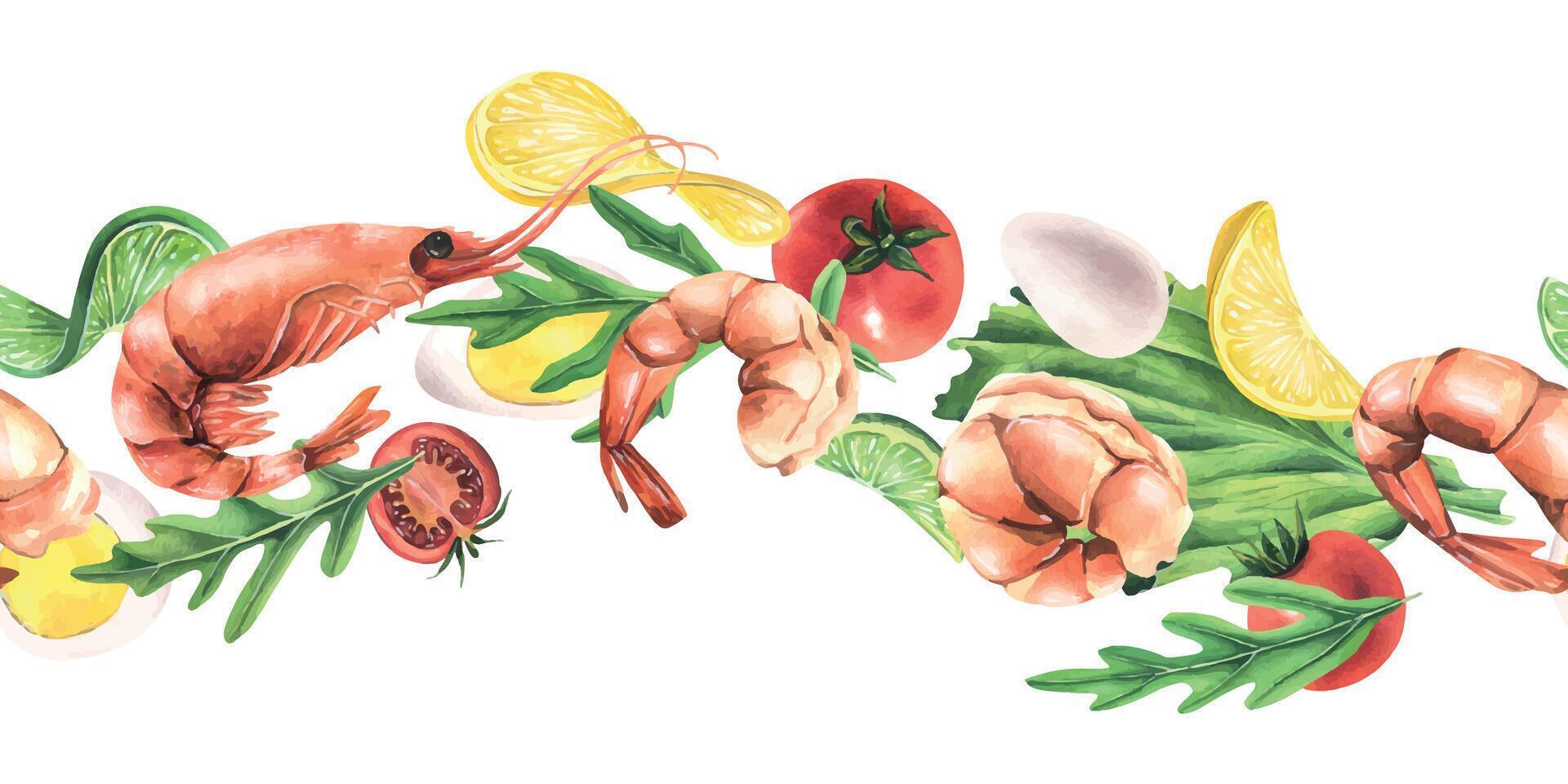 Boiled shrimp with lemon, tomatoes, eggs and arugula levitating. Watercolor illustration. Seamless banner from the SHRIMP collection. For the design and design of menus, recipes, packaging, cafes vector