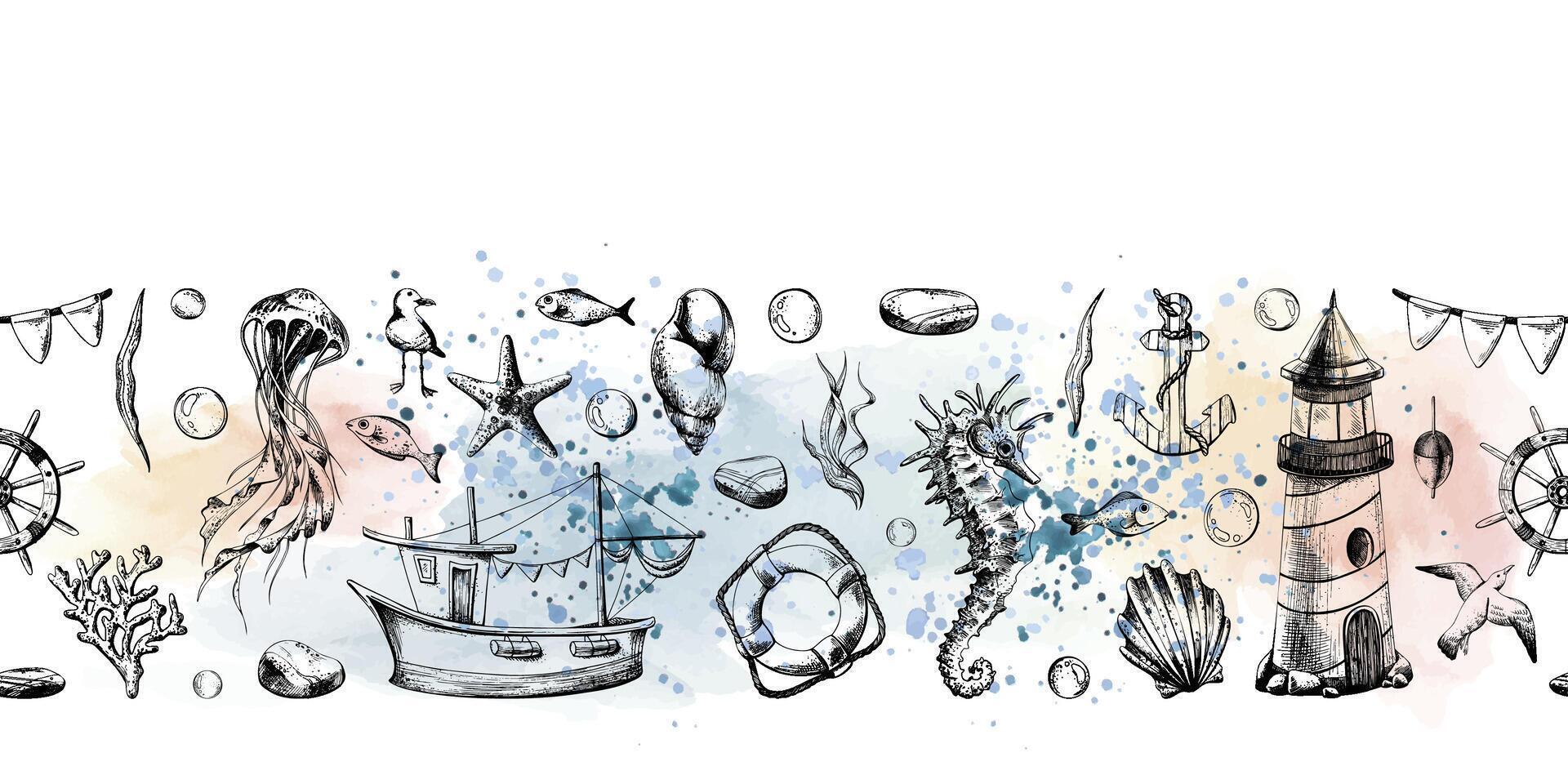 Marine underwater animals, a lighthouse and a boat. Illustration of graphic line art in black and white, hand drawn. Horizontal, seamless border, banner from the SYMPHONY OF THE SEA collection. vector