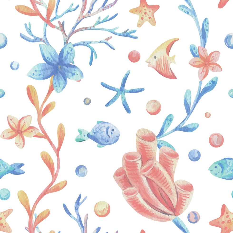 Sea corals, algae, shells, starfish, fish, bubbles. Watercolor illustration hand drawn in coral, turquoise and blue colors. Seamless pattern on a white background. vector