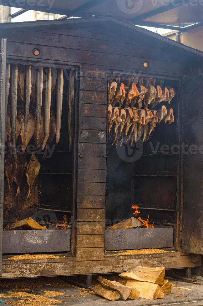 the different fishes smoked in a smokehouse on the street . High quality photo