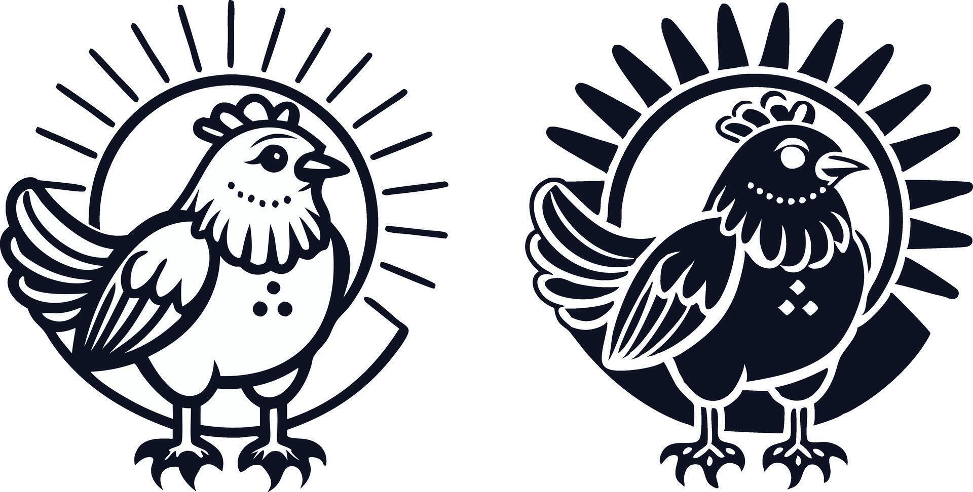 two black and white images of a chicken and a rooster vector
