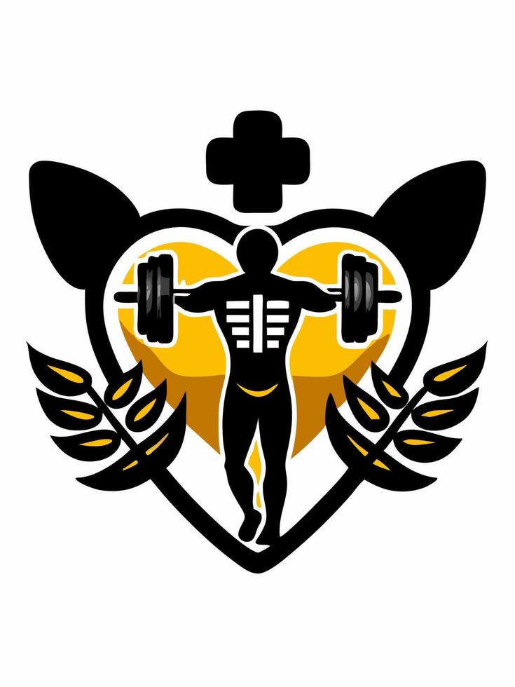 Fitness logo man with a barbell in the shape of a heart vector