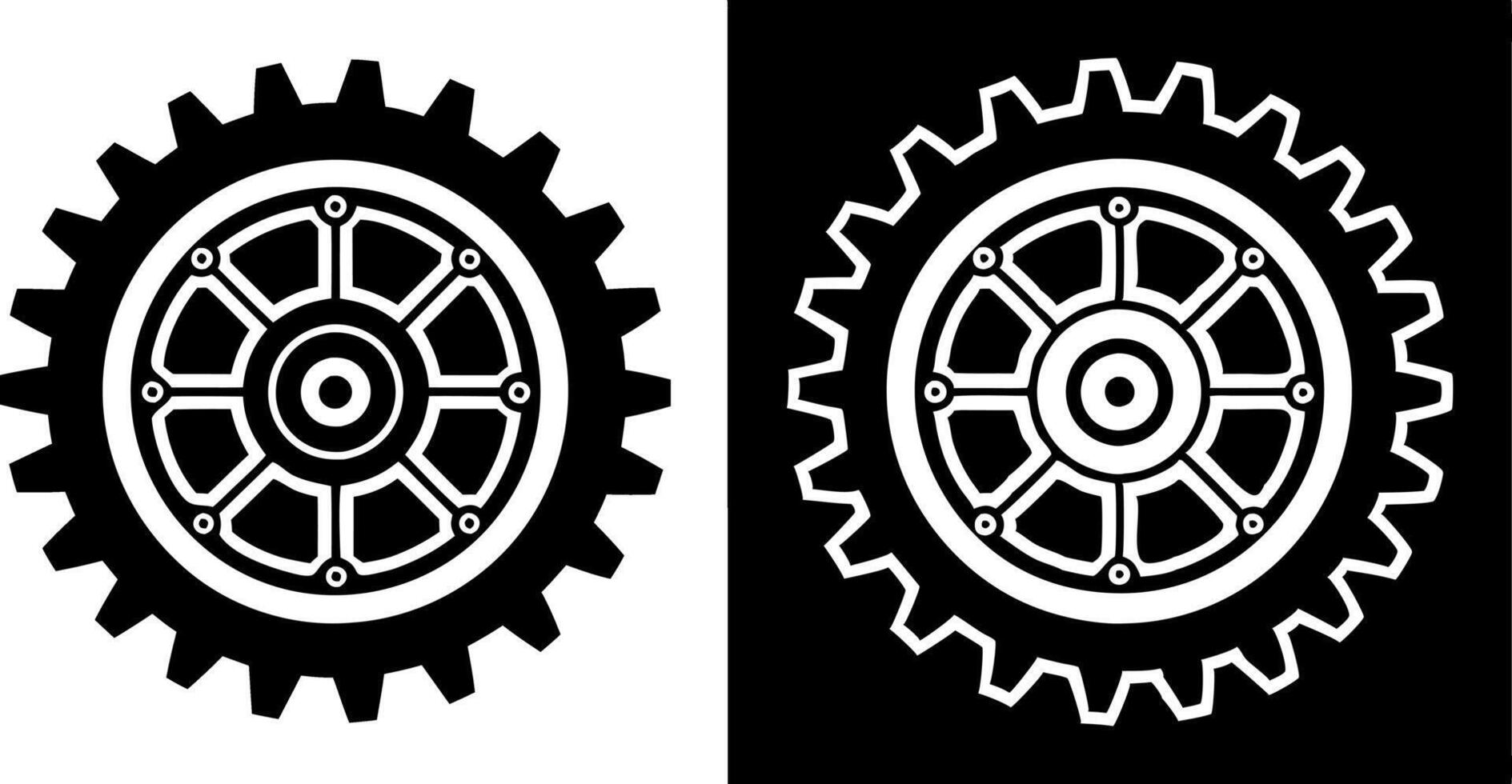 two gears are shown in black and white vector
