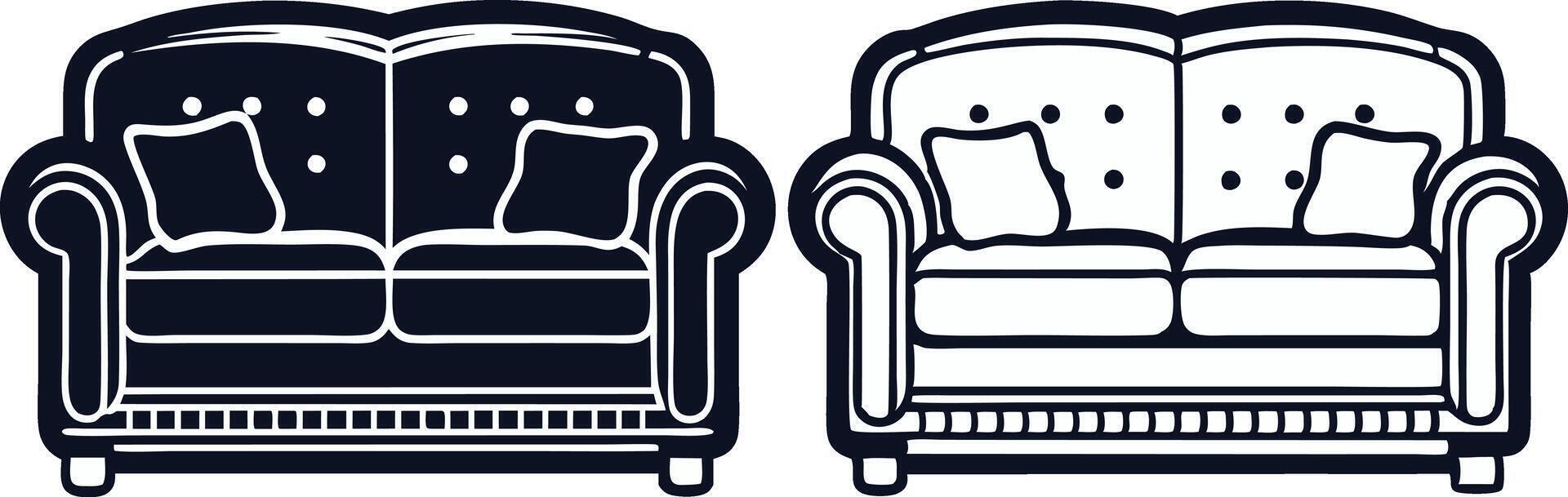two black and white sofa, chairs with pillows on them vector
