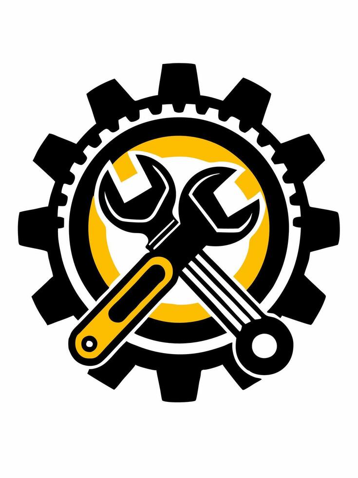 a wrench and gearwheel with a yellow and black background vector