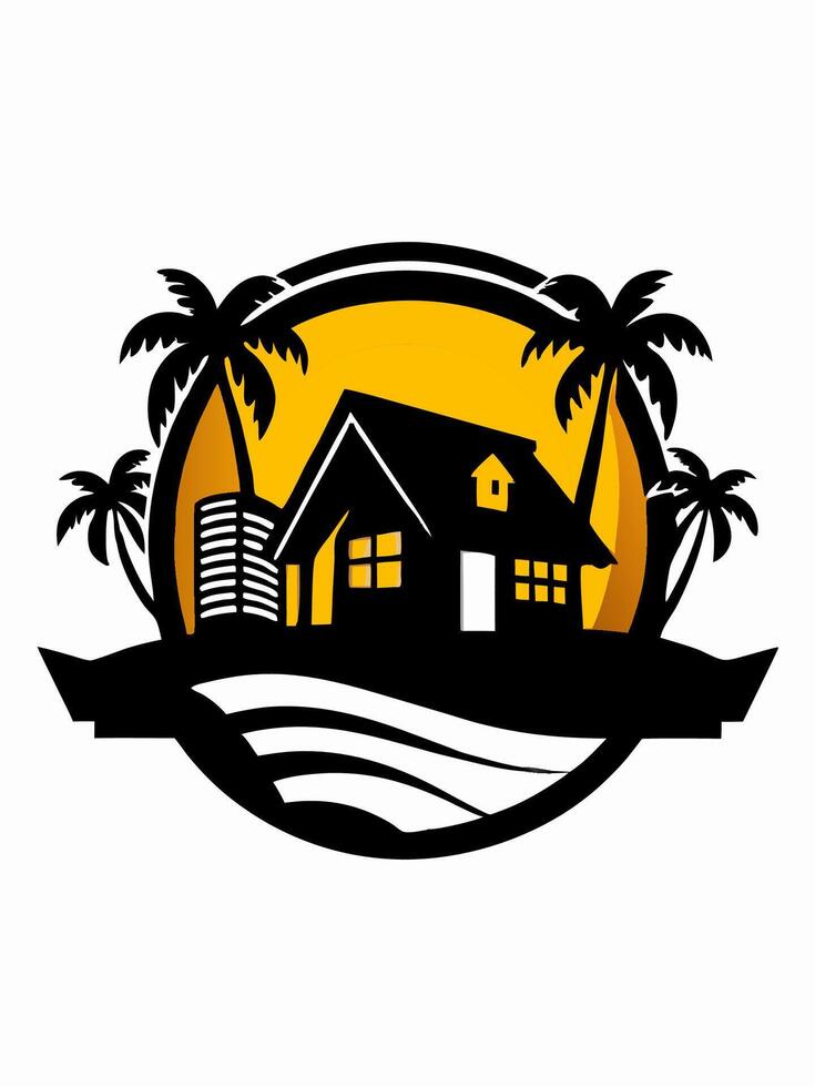 a house logo and palm trees in the middle of the ocean vector