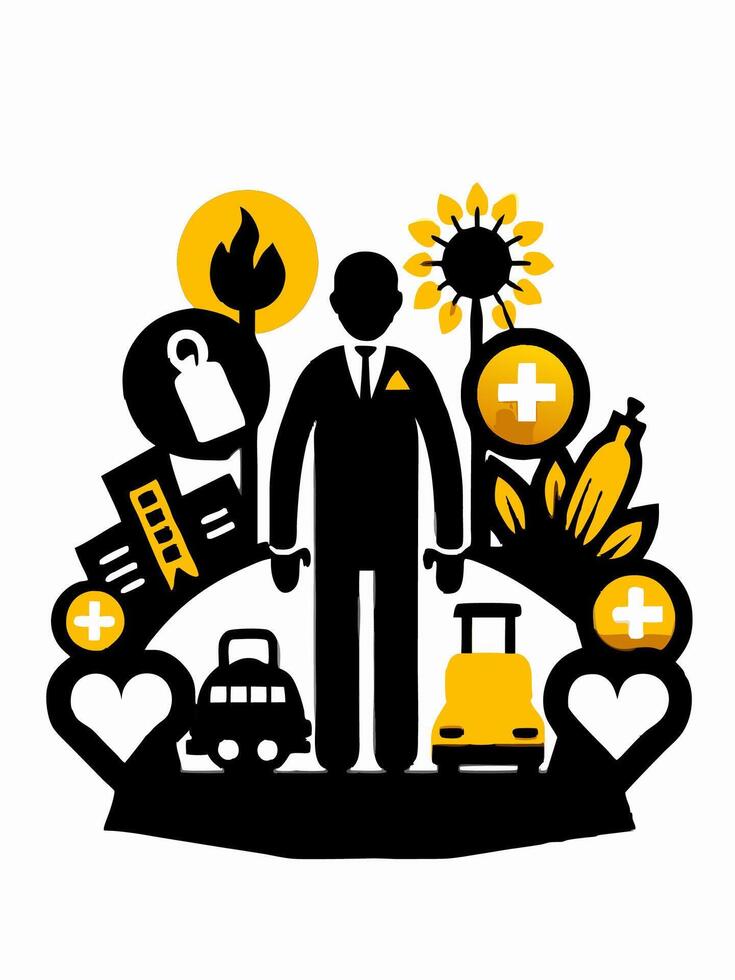 businessman in a suit and tie standing in front of a bunch of icons vector