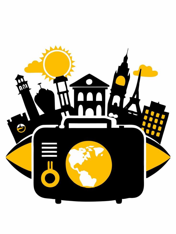 travel bag logo icon with world landmarks illustration vector