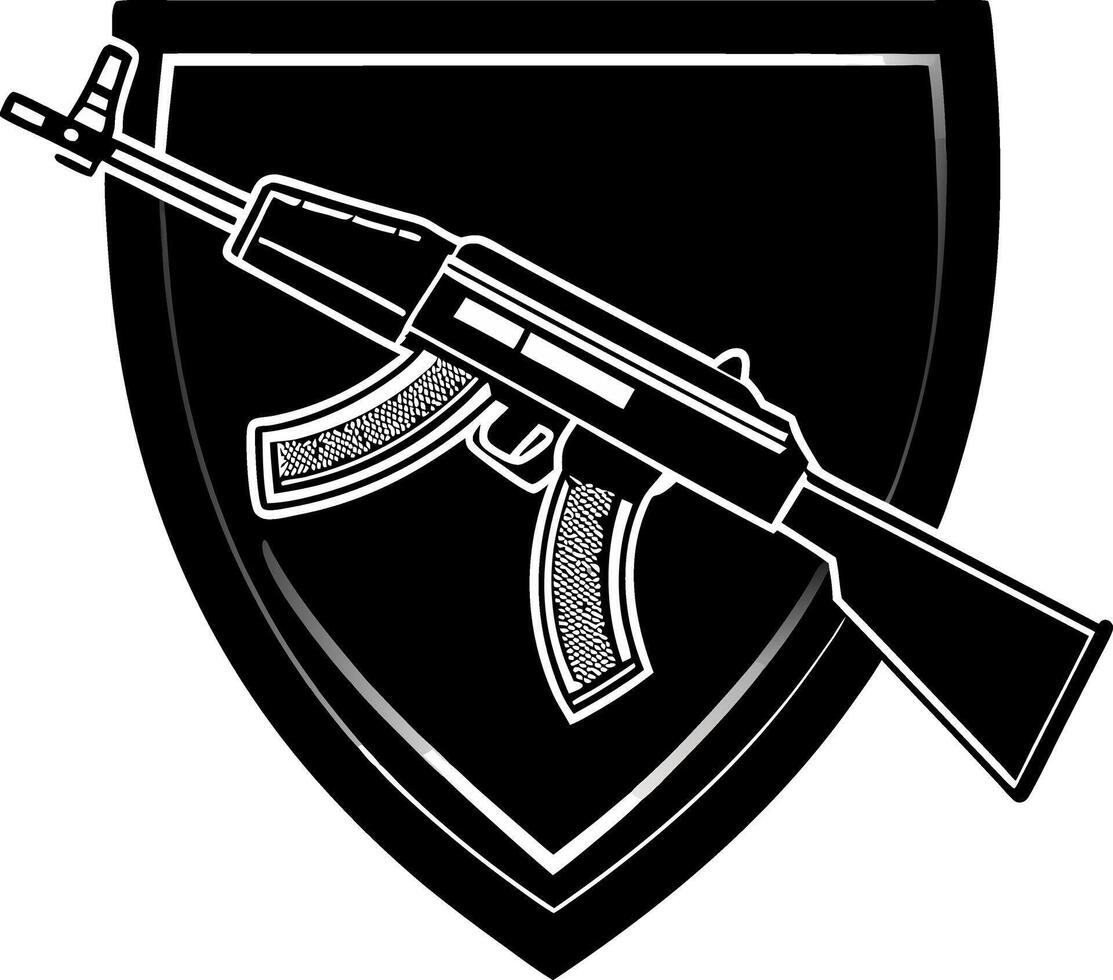 an ak - 47 machine gun in a shield silhouette design vector