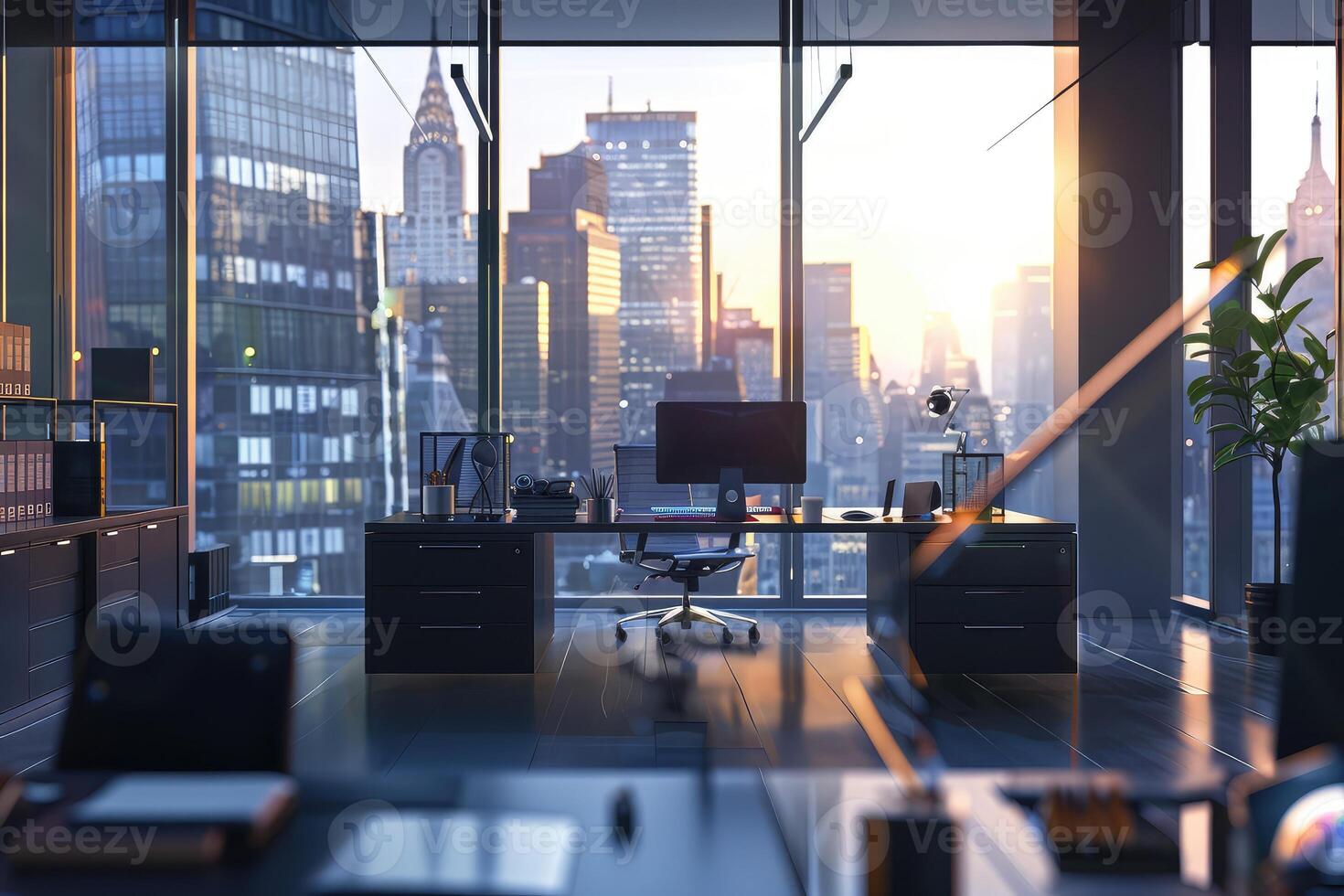 A modern office work space with desks, chairs, and computers cityscape background concept of corporate environment photo