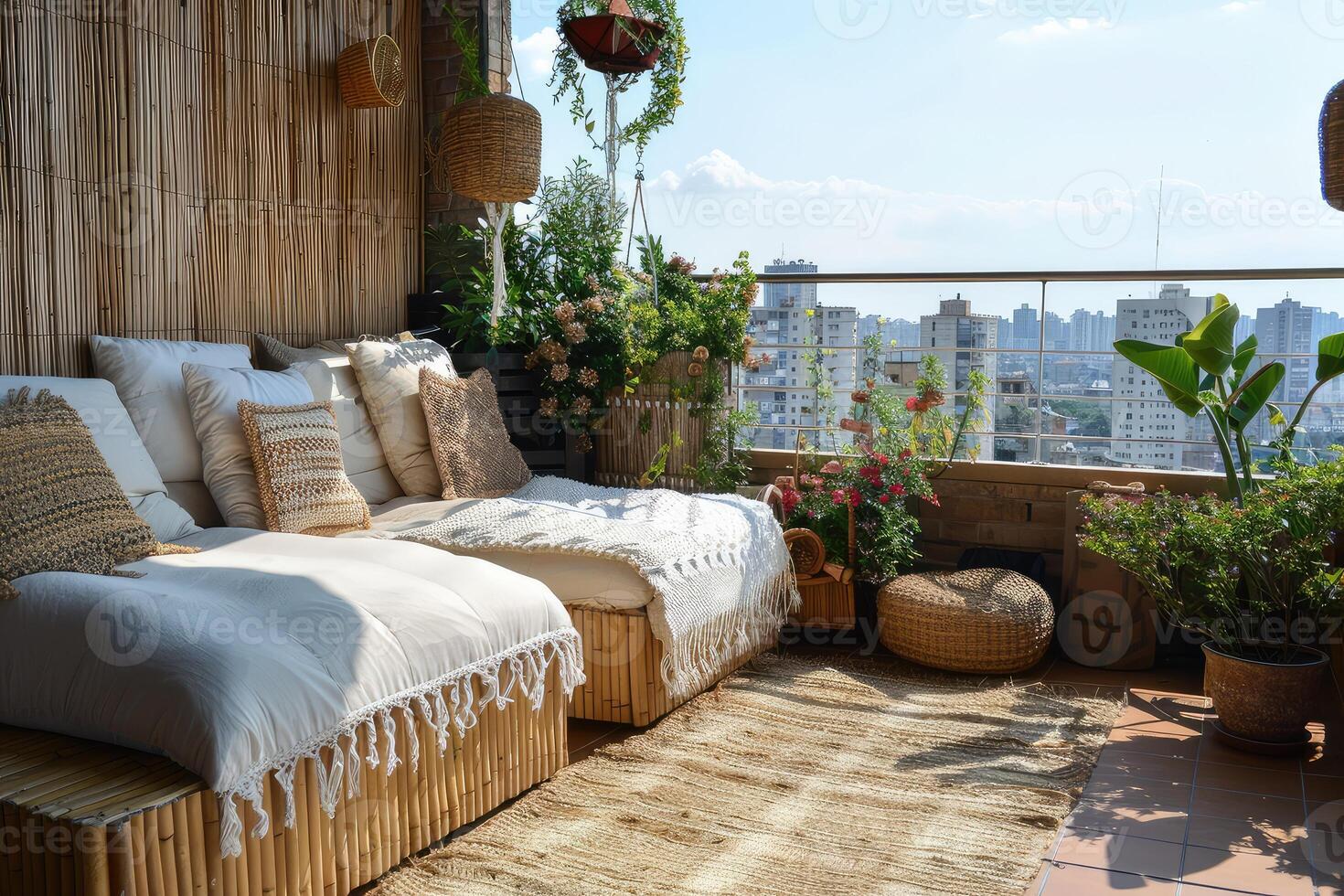 Beautiful balcony or terrace with two lounge bed seating furniture, natural material decorations and green potted flowers plants. Sunny stylish balcony home terrace with city background photo