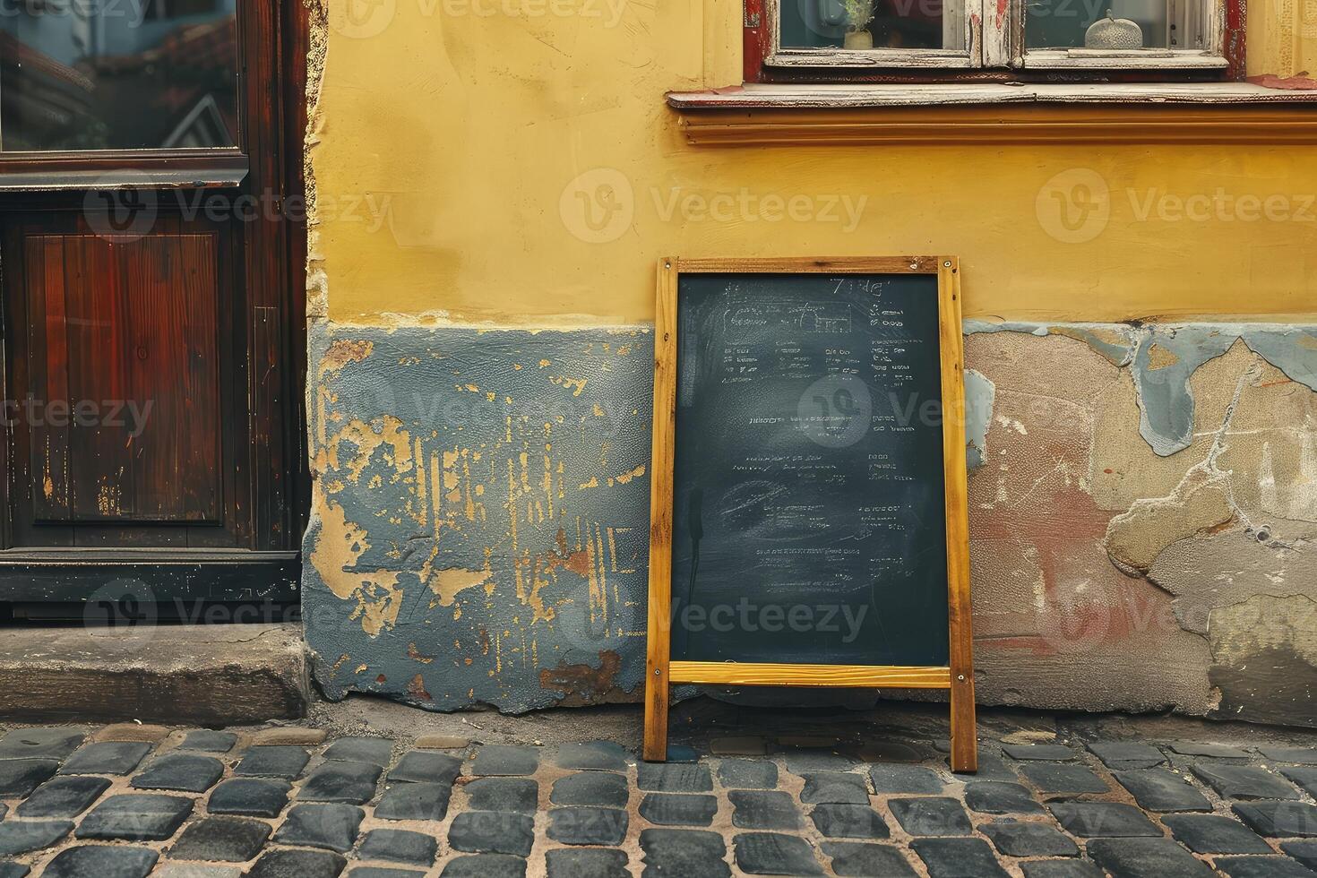 Mockup. Restaurant, cafe, bar sidewalk chalkboard sign board. Old vintage blackboard, A-board on cobblestone street in old town, shopping street photo
