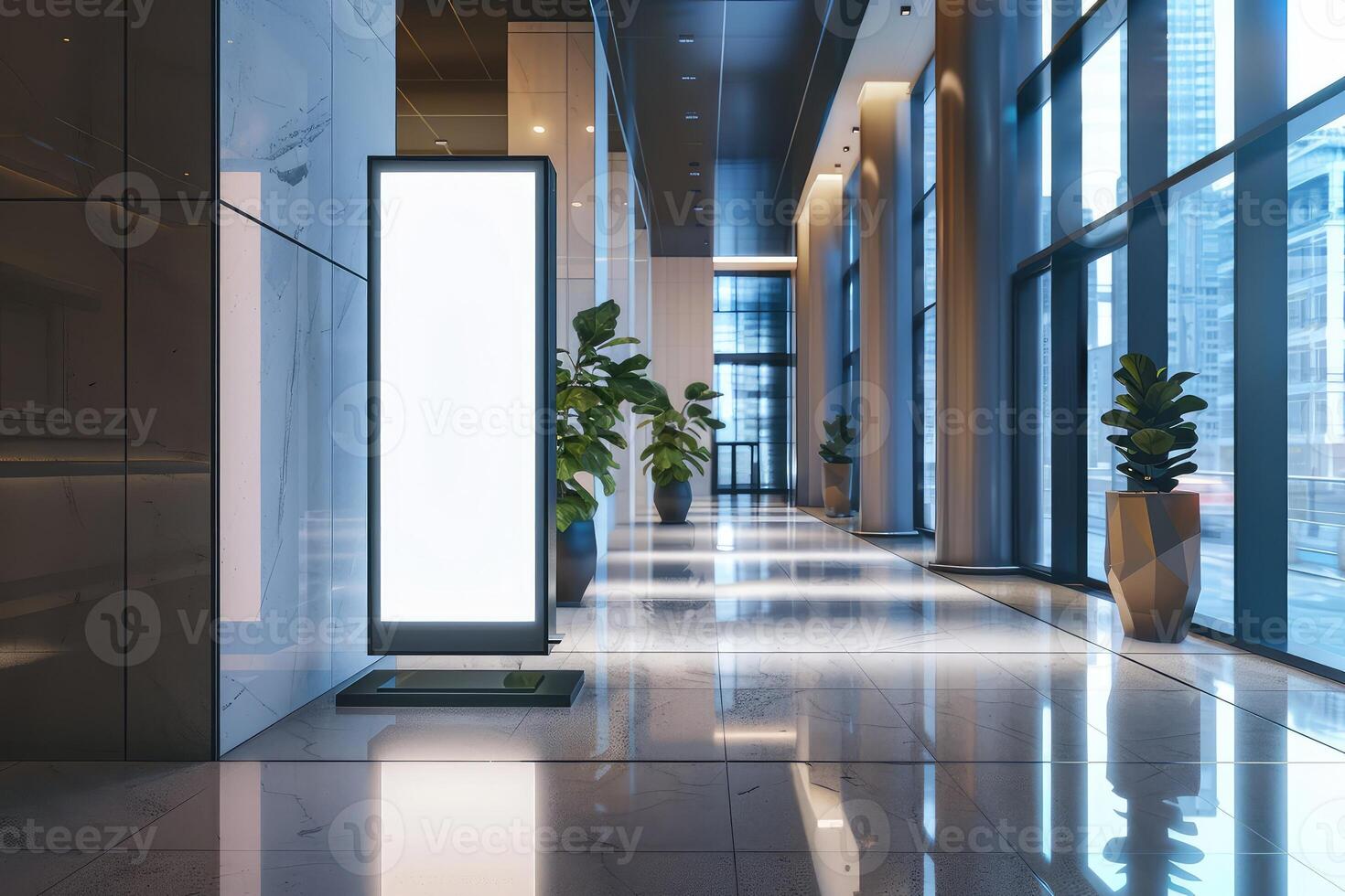 Mockup vertical billboard stand, digital lightbox standing in company's lobby photo