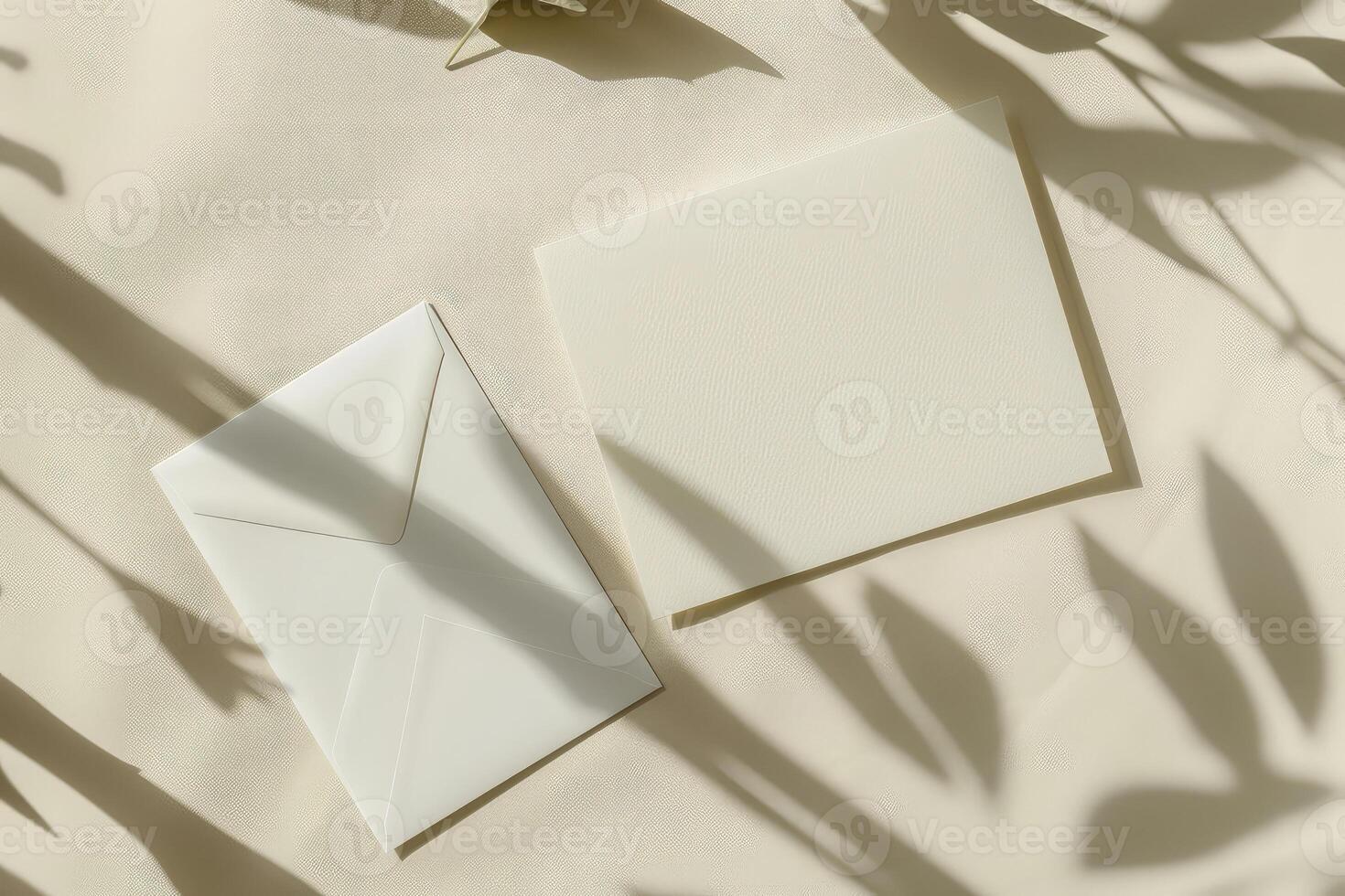 Flat lay of two rectangular blank cards and white envelope on ivory background with shadows. Top view photo