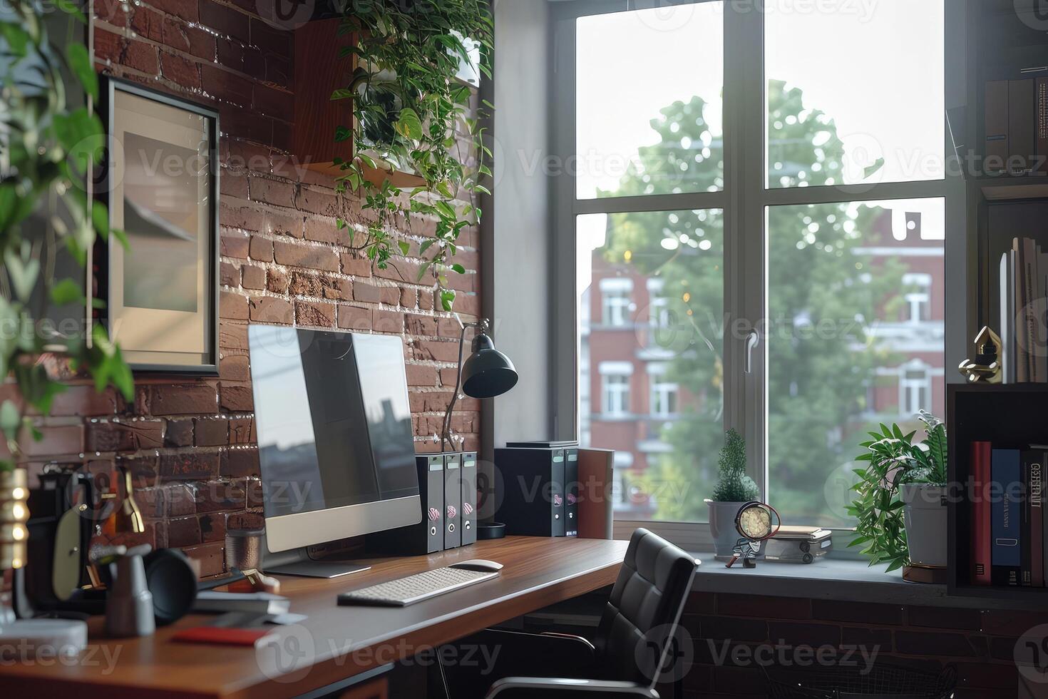 Stylish office interior with workplace, pc computer and window. Mock up wall photo