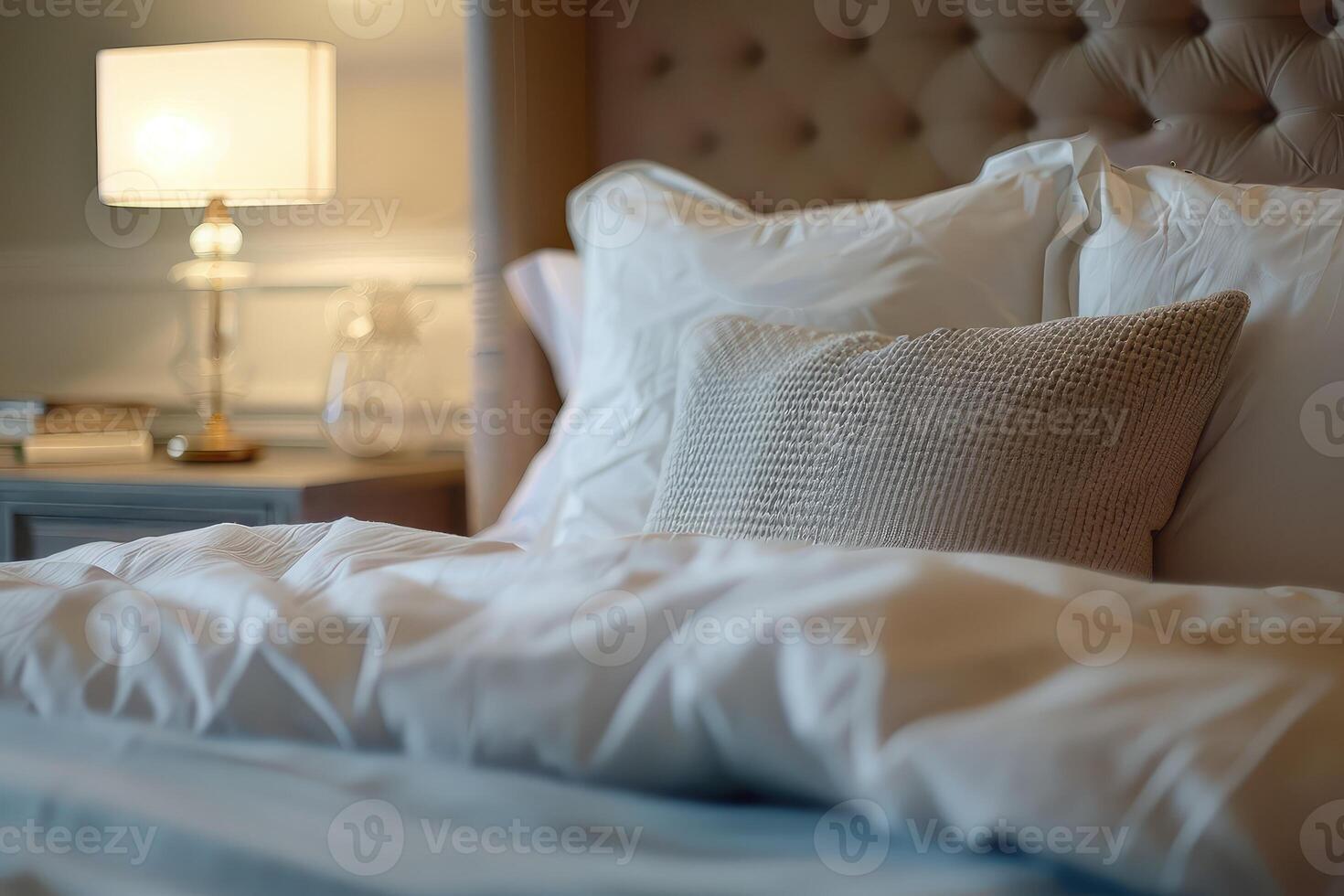 Bedroom interior design details. Comfortable bed with soft white pillows and bedding in bed photo