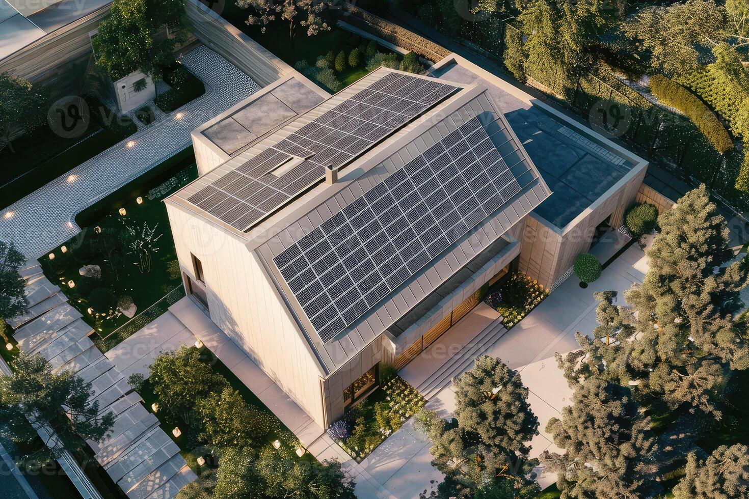 New suburban house with a photovoltaic system on the roof. Modern eco friendly passive house with solar panels on the gable roof photo