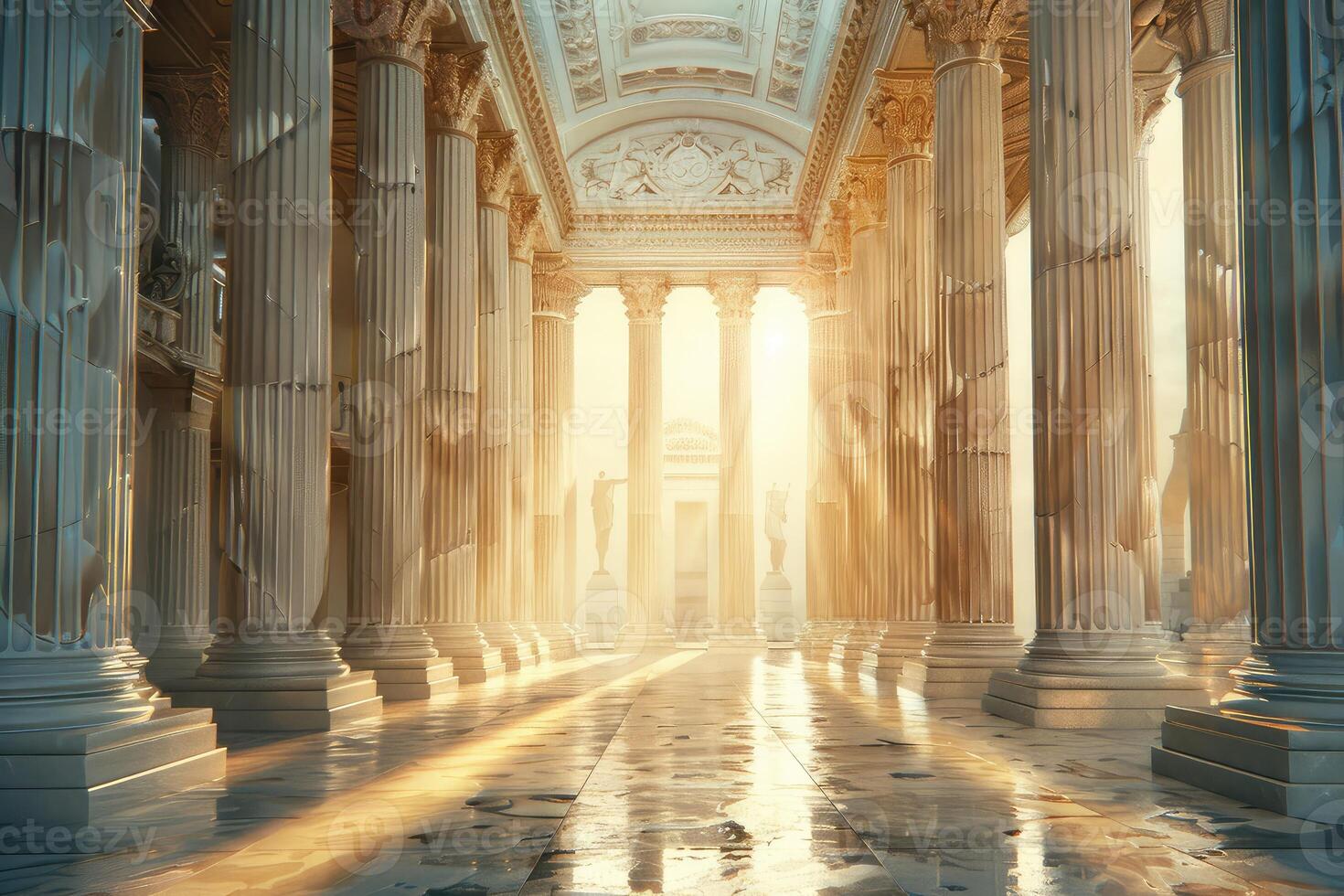 A grand interior with white marble columns, bathed in light from an ethereal glow, evoking a sense of serenity and majesty photo