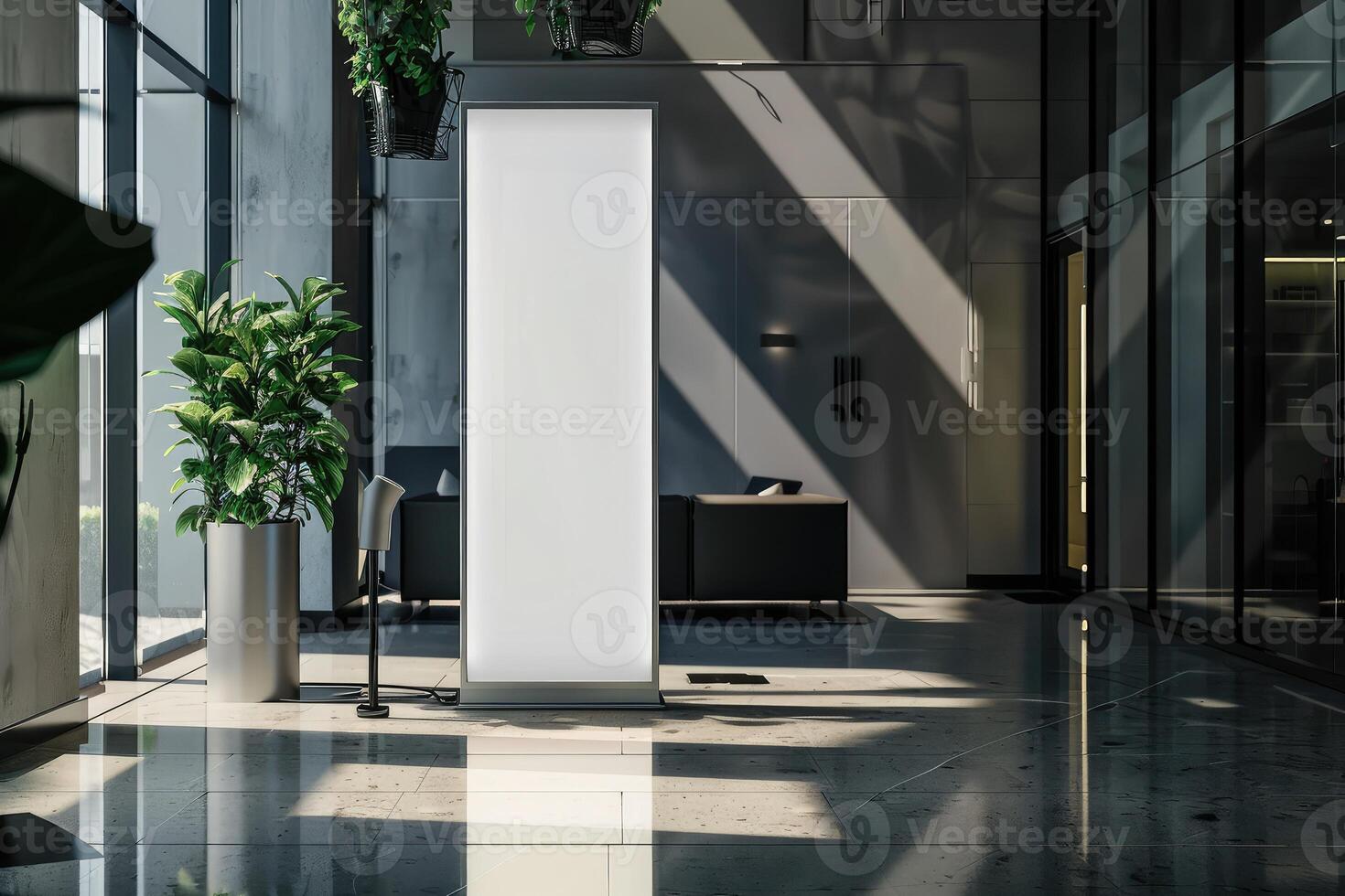 Mockup vertical billboard stand, digital lightbox standing in company's lobby photo