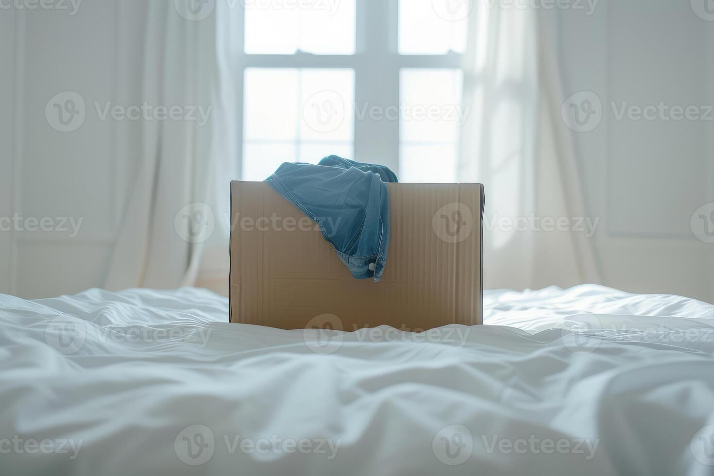 Moving to new home. Cardboard box with clothes standing on white bed in empty room. Real estate, rent and buy, renovation, removals and delivery service photo