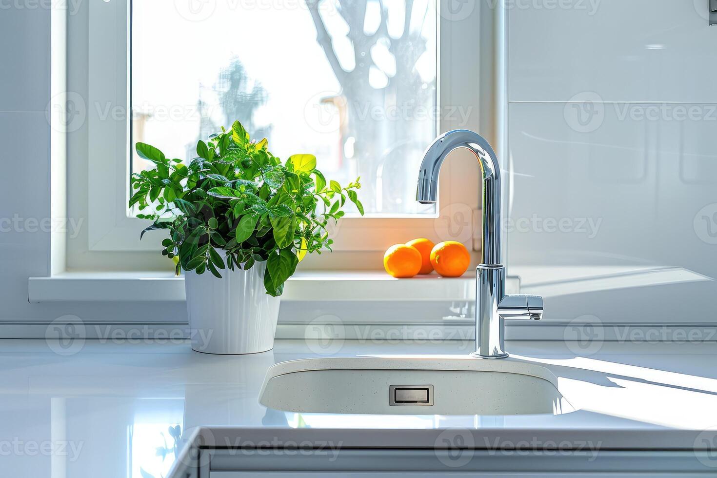 Modern white minimalistic kitchen interior details. Stylish white quartz countertop with kitchen sink with water tap, oranges and potted plant, window and wall cabinet photo