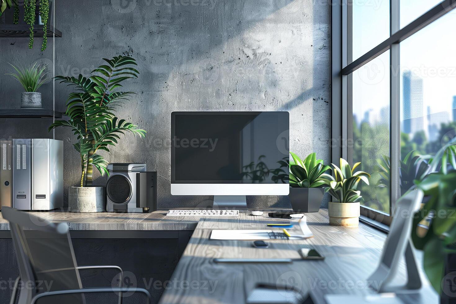 Stylish office interior with workplace, pc computer and window. Mock up wall photo