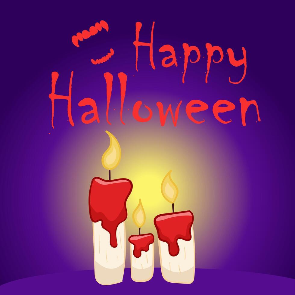 happy halloween greeting card post, internet, social media, flat illustration, candles, blood, for children, dark background, yellow vector