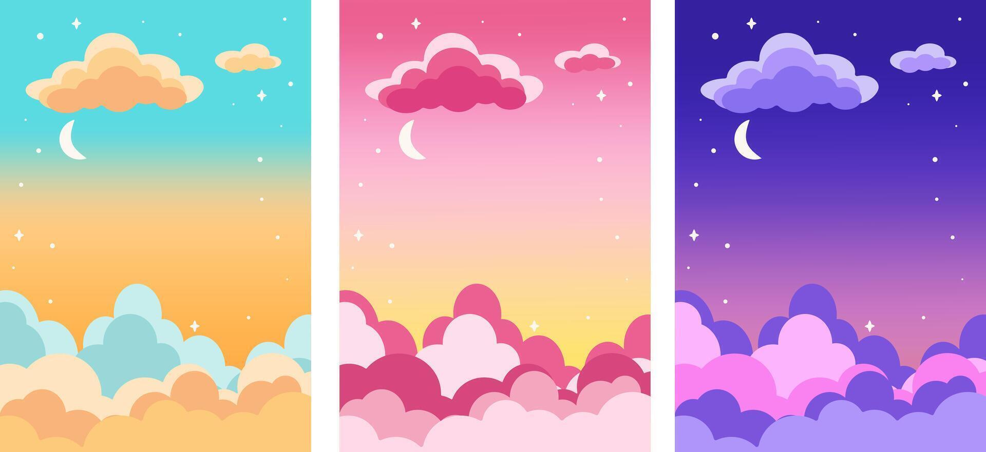 set of sky gradient backgrounds, for Instagram, Internet sites, for postcard, starry sky with clouds, with space for text, orange-blue, pink-yellow and purple night sky, flat illustration. vector