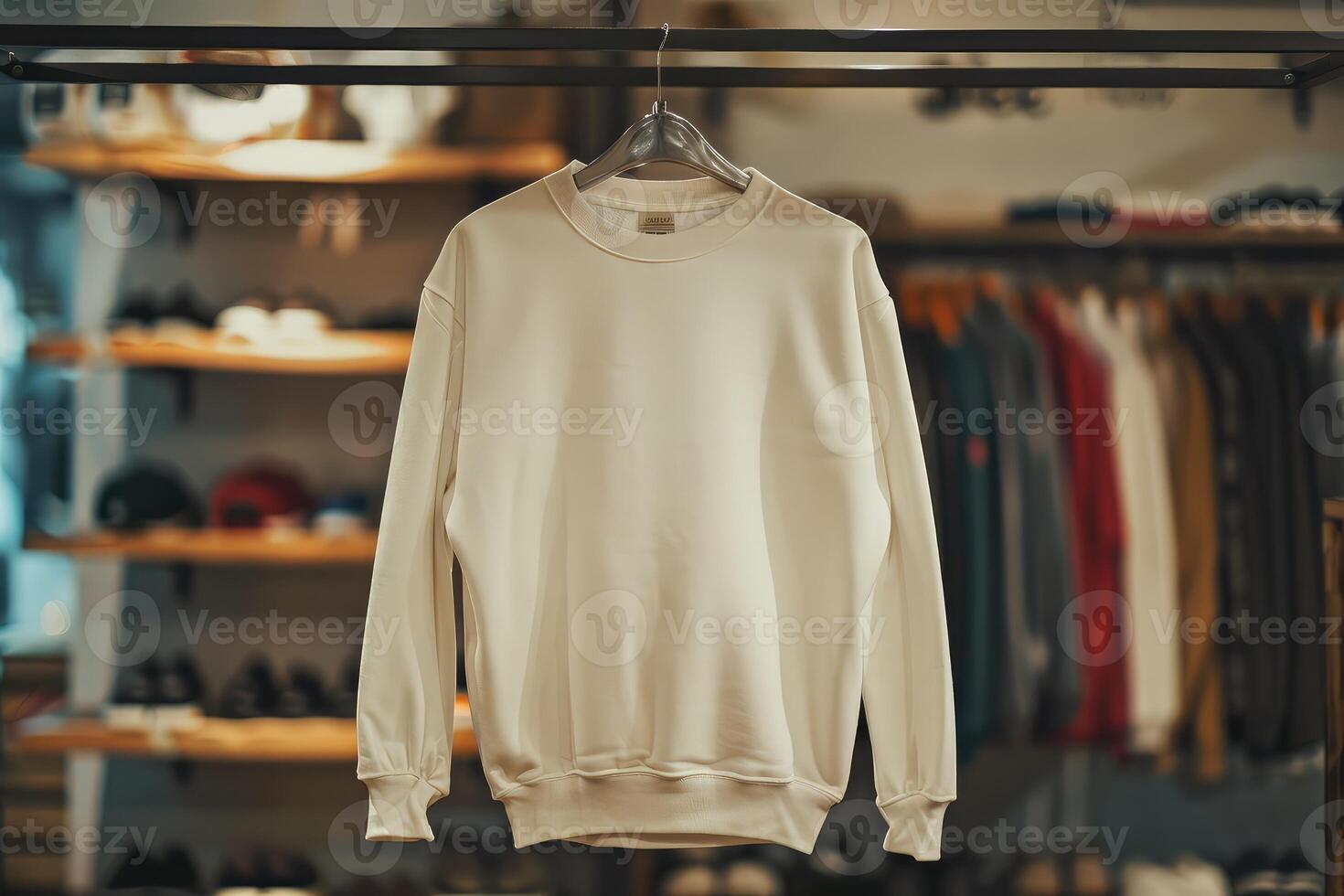 Blank ivory sweatshirt hanging on hanger on horizontal rack in cozy clothing store. Mock up template for sweatshirt design, print area for logo or design photo