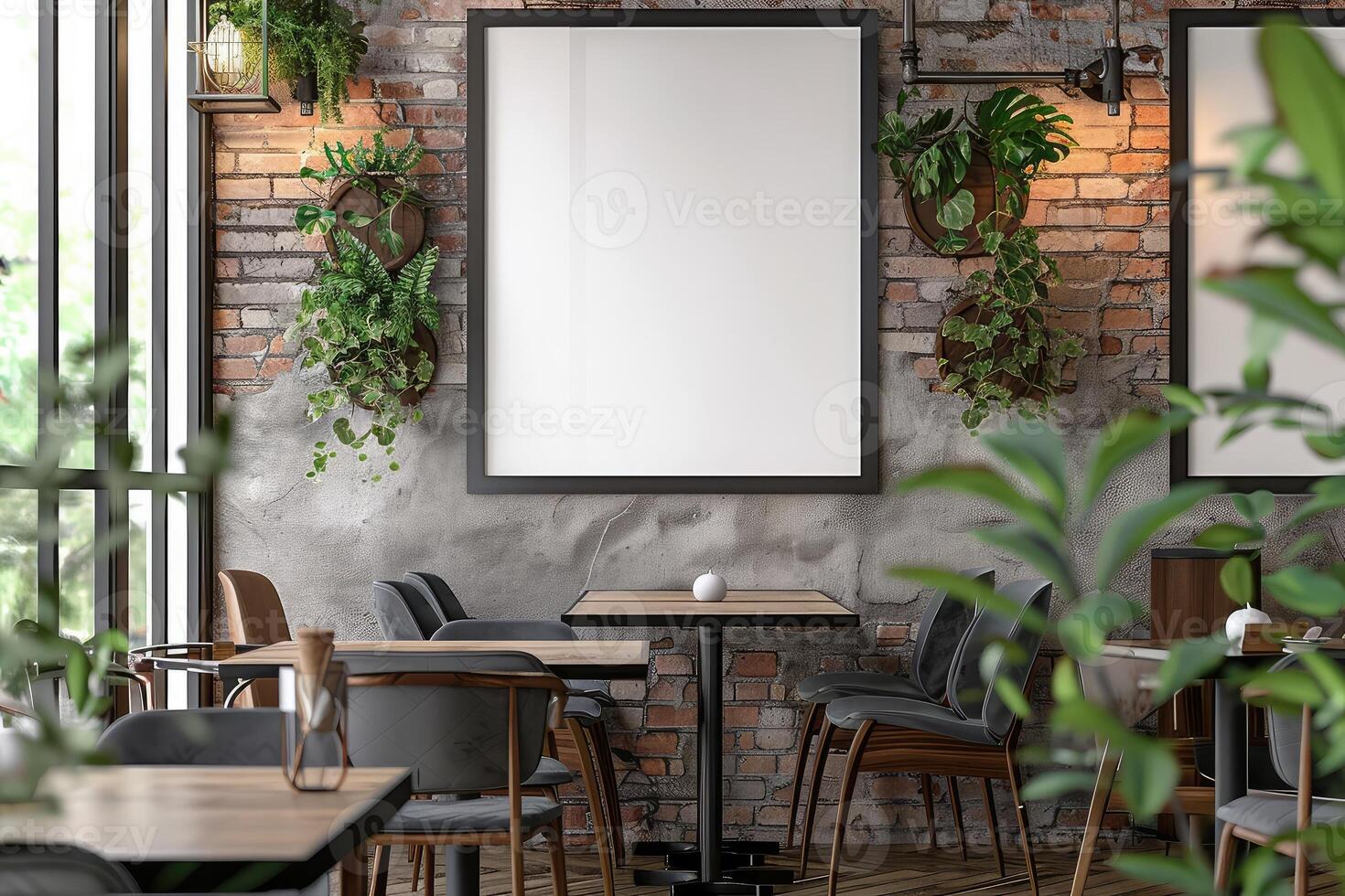 Modern cafe interior with eating tables and chairs, window and mockup frame photo