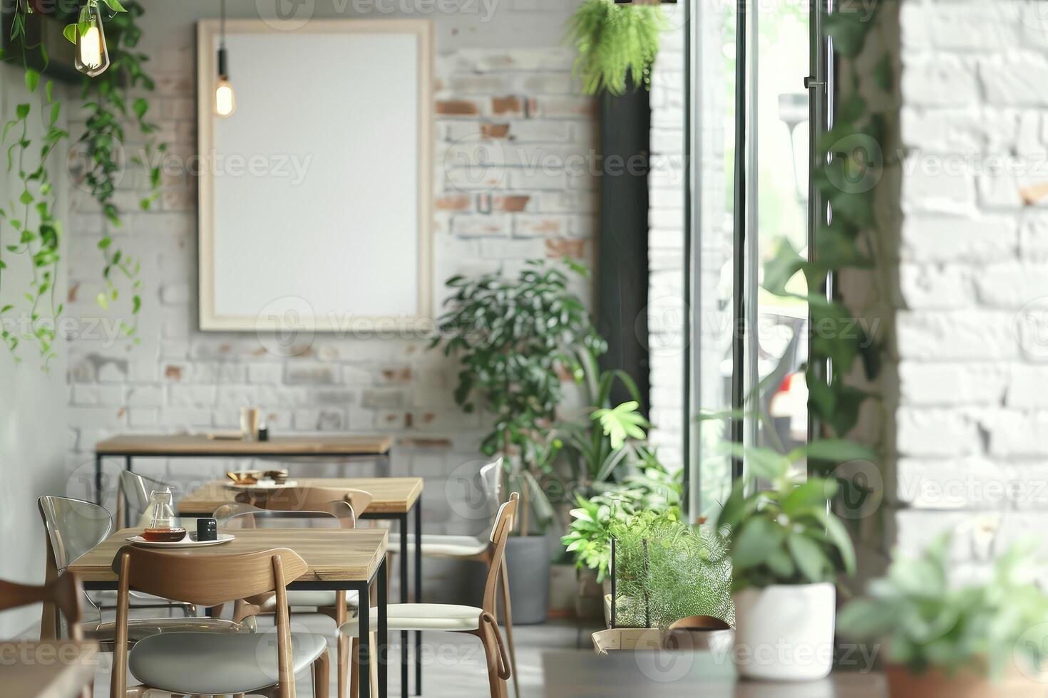 Modern cafe interior with eating tables and chairs, window and mockup frame photo