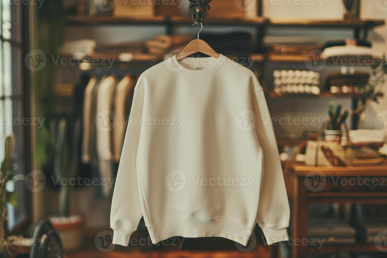 Blank ivory sweatshirt hanging on hanger on horizontal rack in cozy clothing store. Mock up template for sweatshirt design, print area for logo or design photo