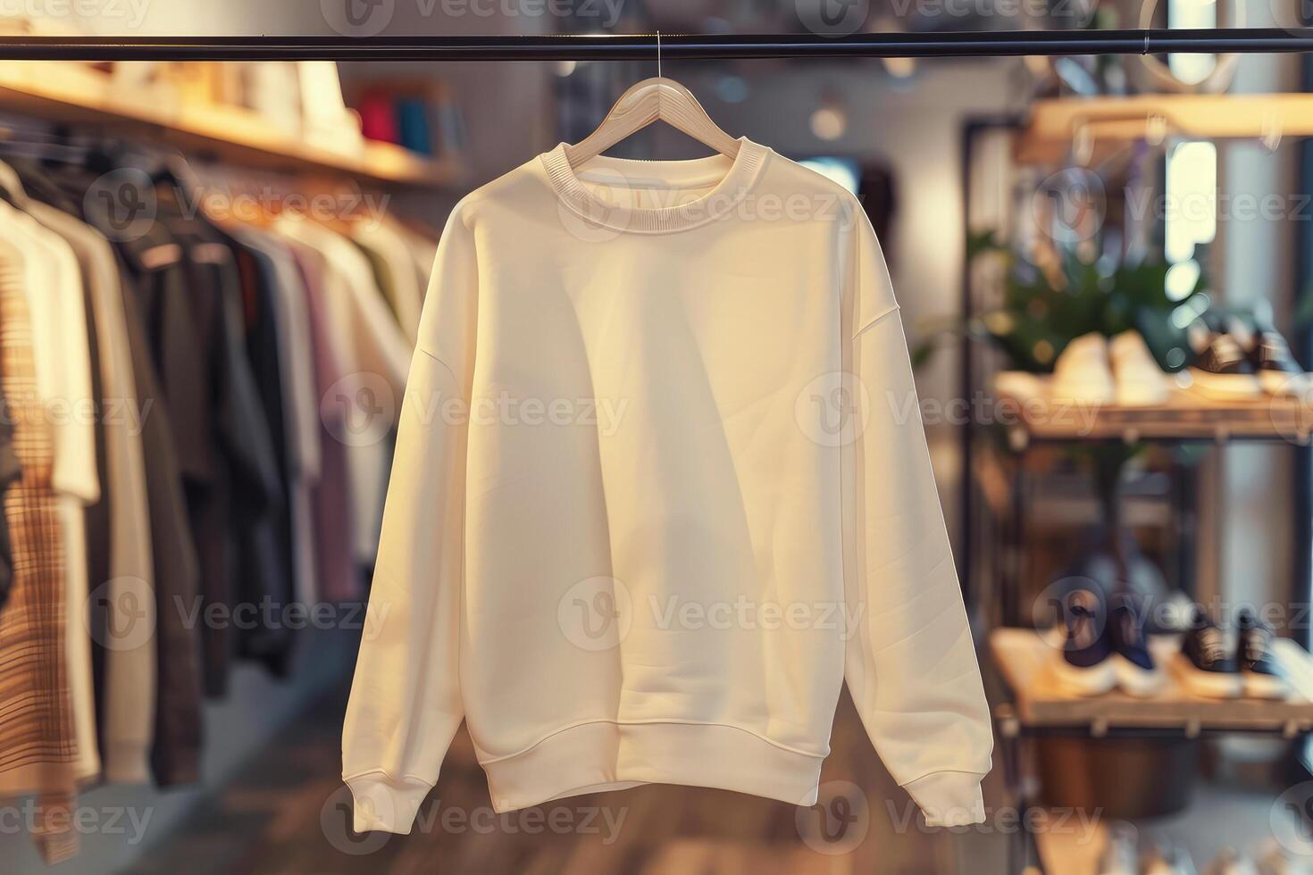 Blank ivory sweatshirt hanging on hanger on horizontal rack in cozy clothing store. Mock up template for sweatshirt design, print area for logo or design photo