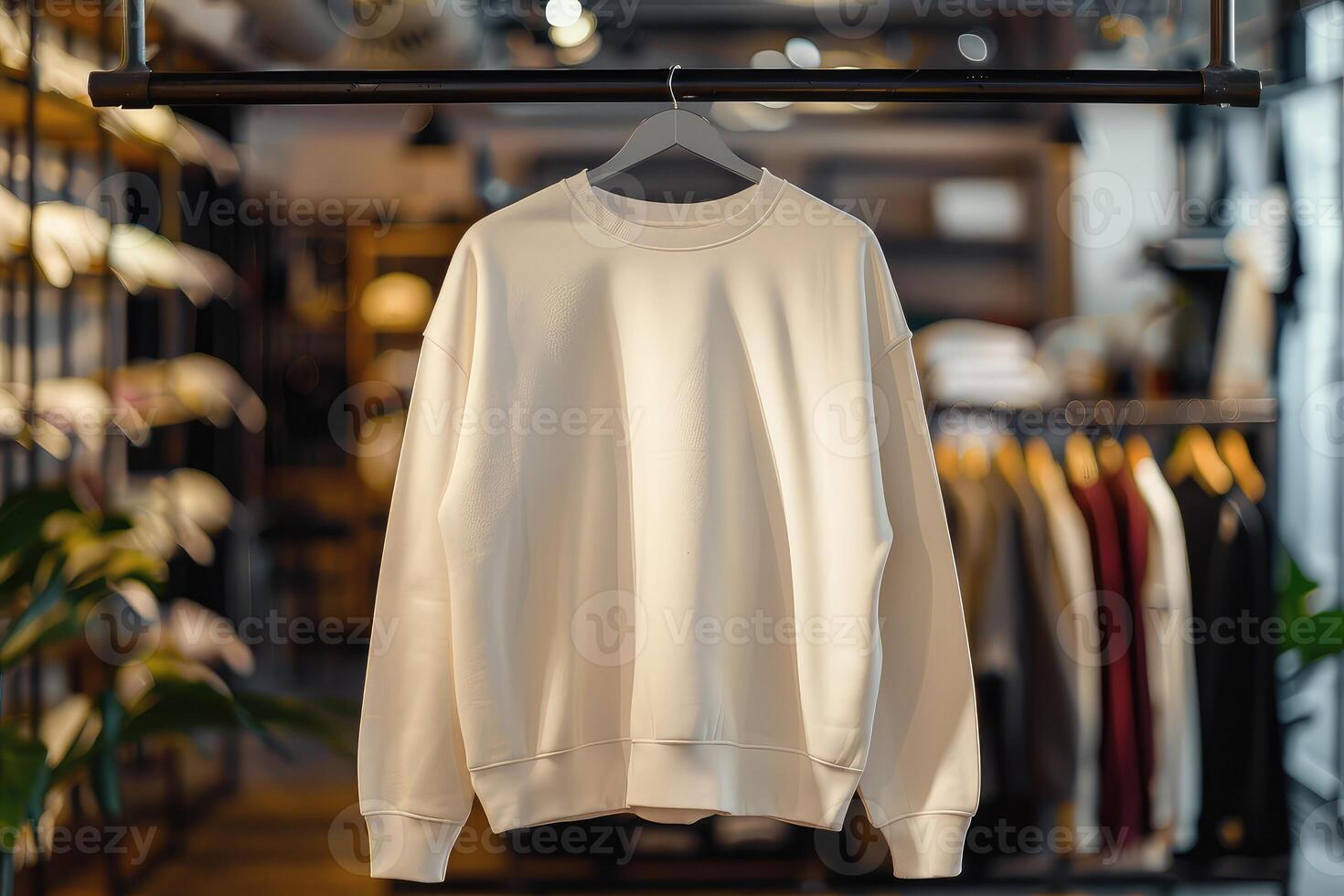 Blank ivory sweatshirt hanging on hanger on horizontal rack in cozy clothing store. Mock up template for sweatshirt design, print area for logo or design photo