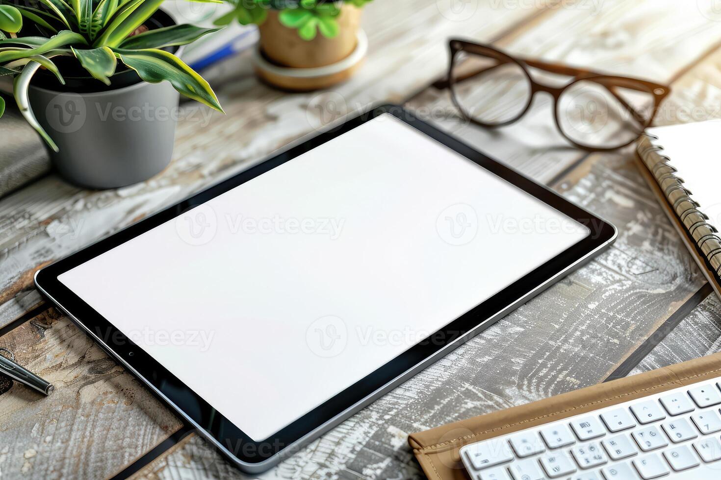 Digital tablet with blank screen mockup on table with eye glasses, notebook, potted plant. Cozy home office, small family business, entrepreneur workplace photo