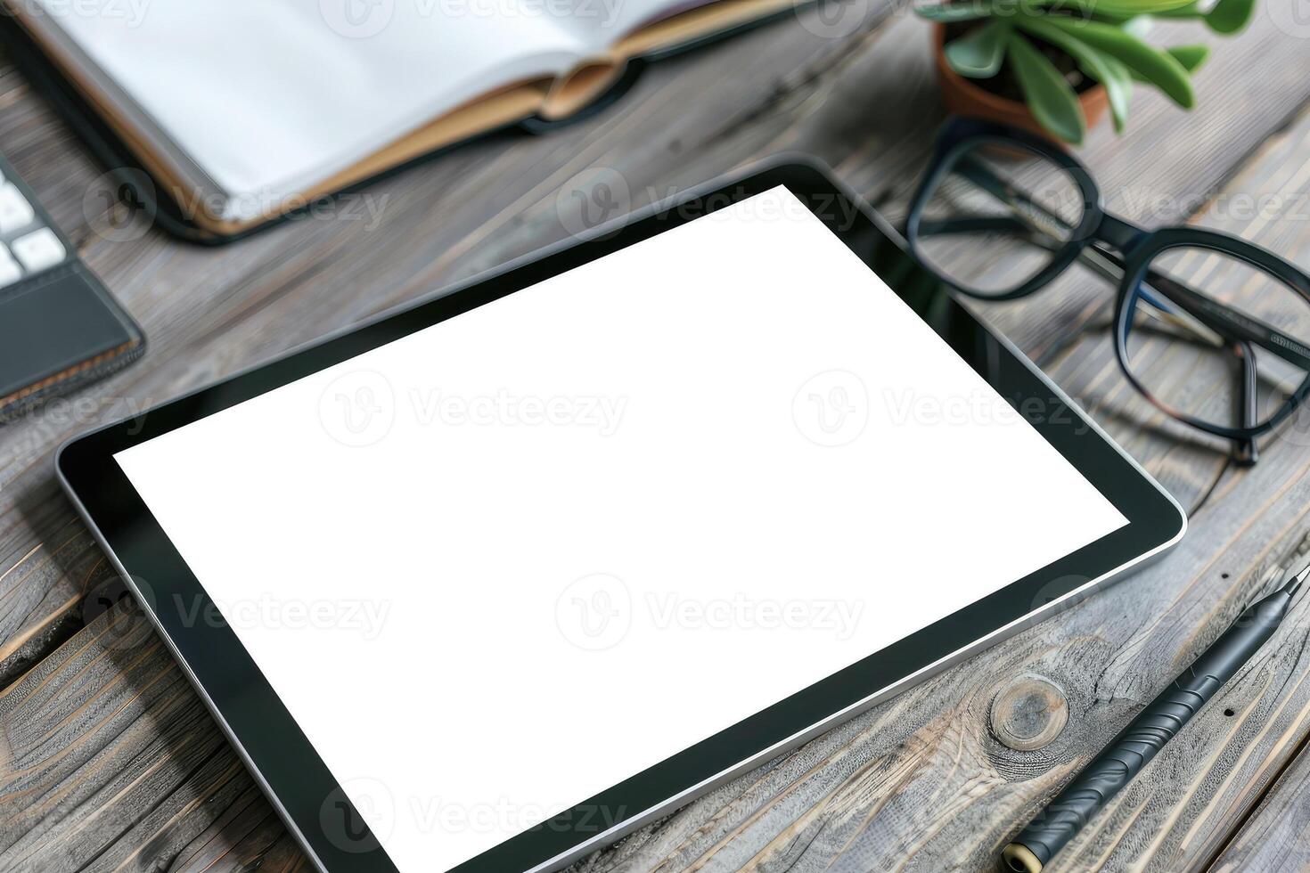 Digital tablet with blank screen mockup on table with eye glasses, notebook, potted plant. Cozy home office, small family business, entrepreneur workplace photo