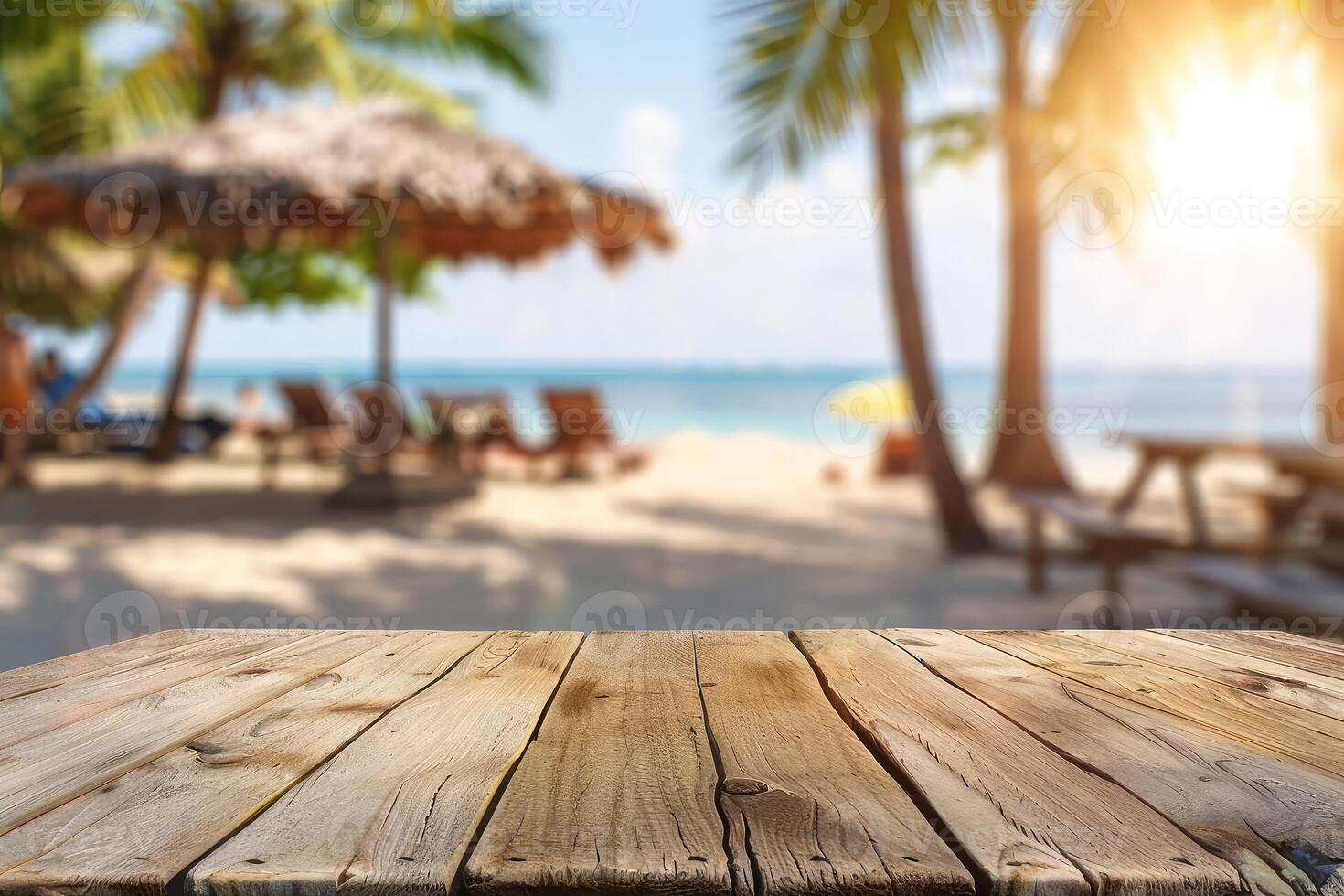 Empty wooden table top with copy space for food drink product advertising with blurred summer resort beach bar restaurant background photo